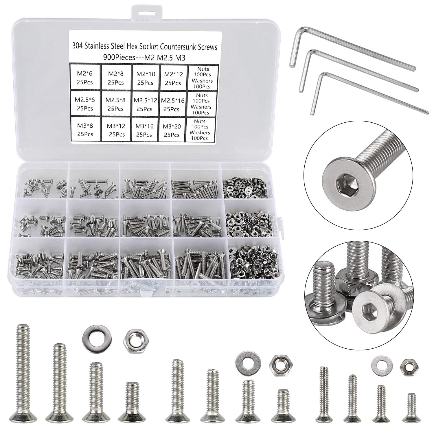 900Pcs Bolts and Nuts Set,M2 M2.5 M3 Countersunk Machine Screws,DIN 7991 Allen Screws,304 Stainless Steel Hex Bolts and Washers Set Fully Threaded With 3 Allen Key.