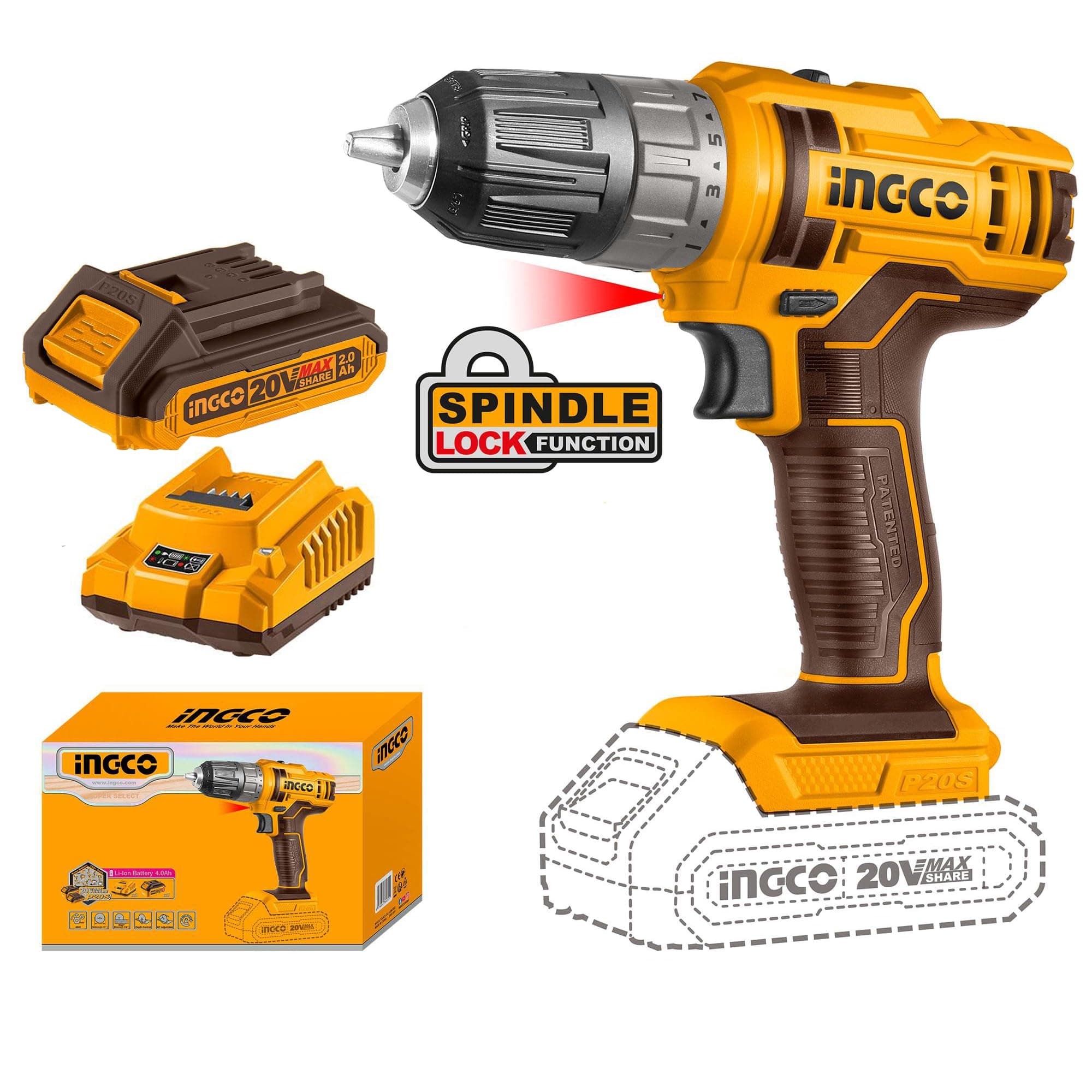 Ingco Drill Machine Cordless, 20V Lithium-Ion Drill Machine,0.8-10mm Chuck, Spindle Lock Function, 45NM, 15+1, Drill Kit with Battery and Charger, Yellow