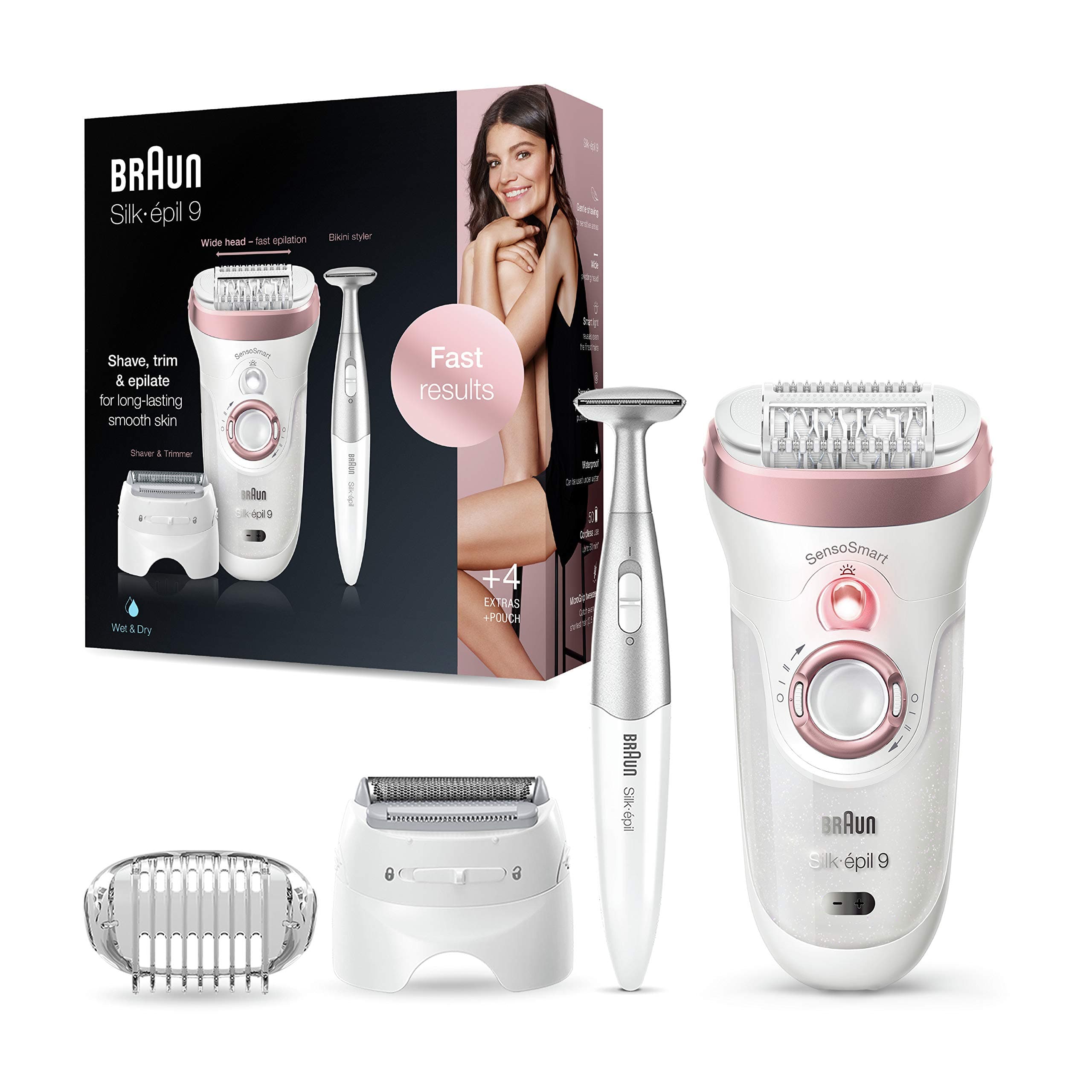 Ses 9890,Braun Silk-Epil Ses 9890 Sensosmart - Wet & Dry Epilator With 4 Extras Incl. Trimmer + Pouch, White,