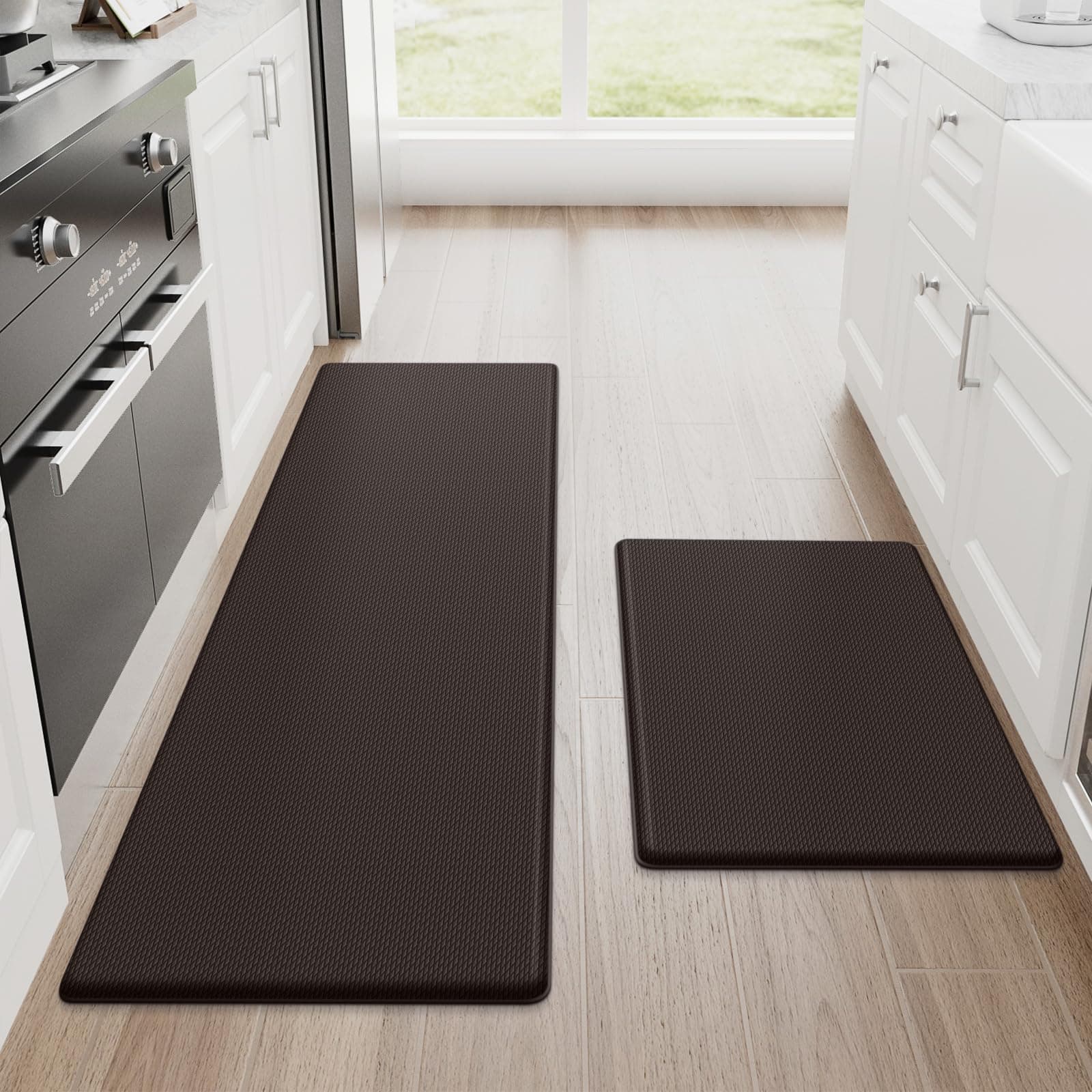 Kitchen Mats, 2PCS Kitchen Rugs, Cushioned Anti Fatigue Kitchen Mats for Floor, Non-Slip Standing Desk Mat, Waterproof Kitchen Rug Set for Kitchen, Floor, Office,17.3"x30"+17.3"x47",Chocolate