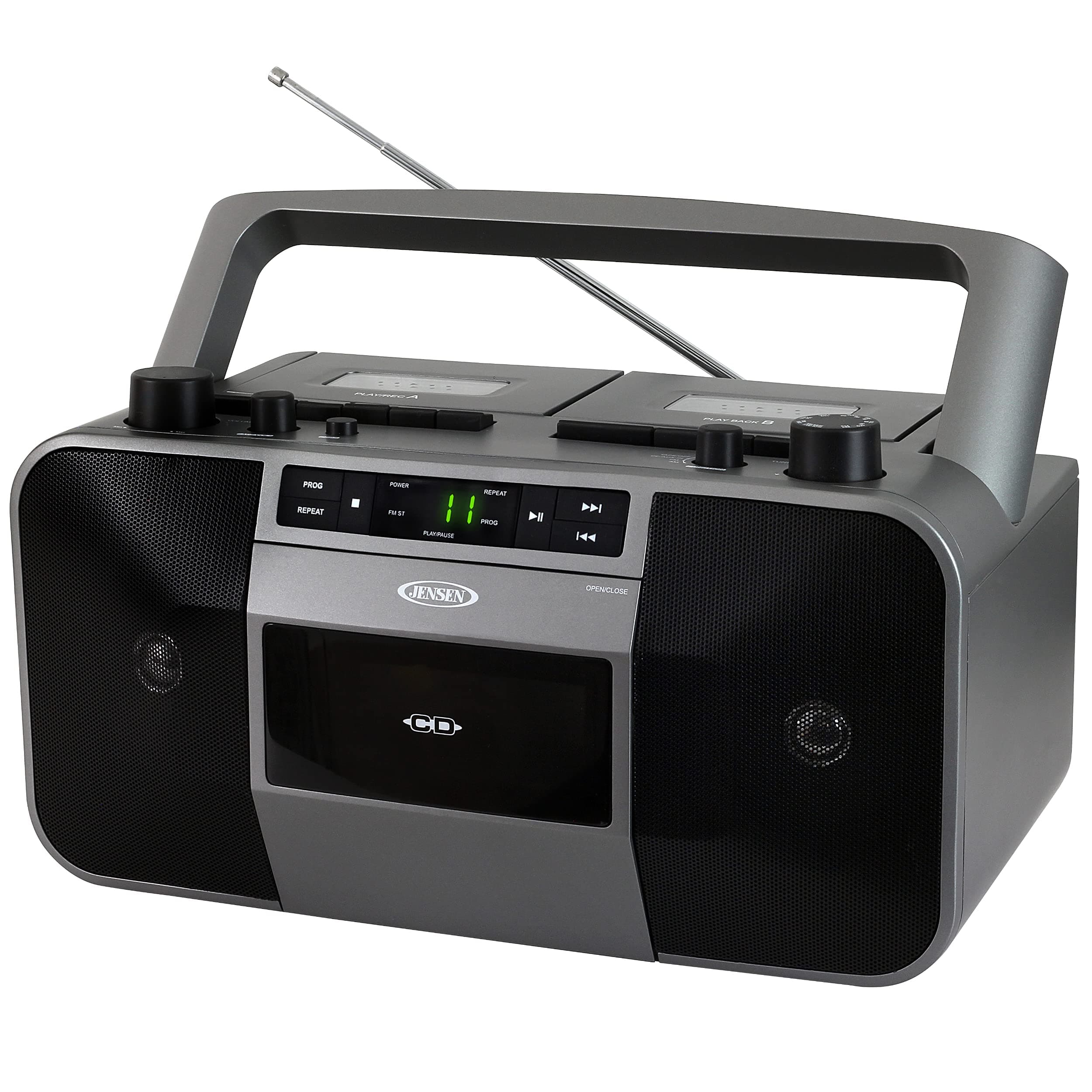 JENSEN MCR-1500 Portable Stereo CD Player and Dual-Deck Cassette Player/Recorder with AM/FM Radio, Gray