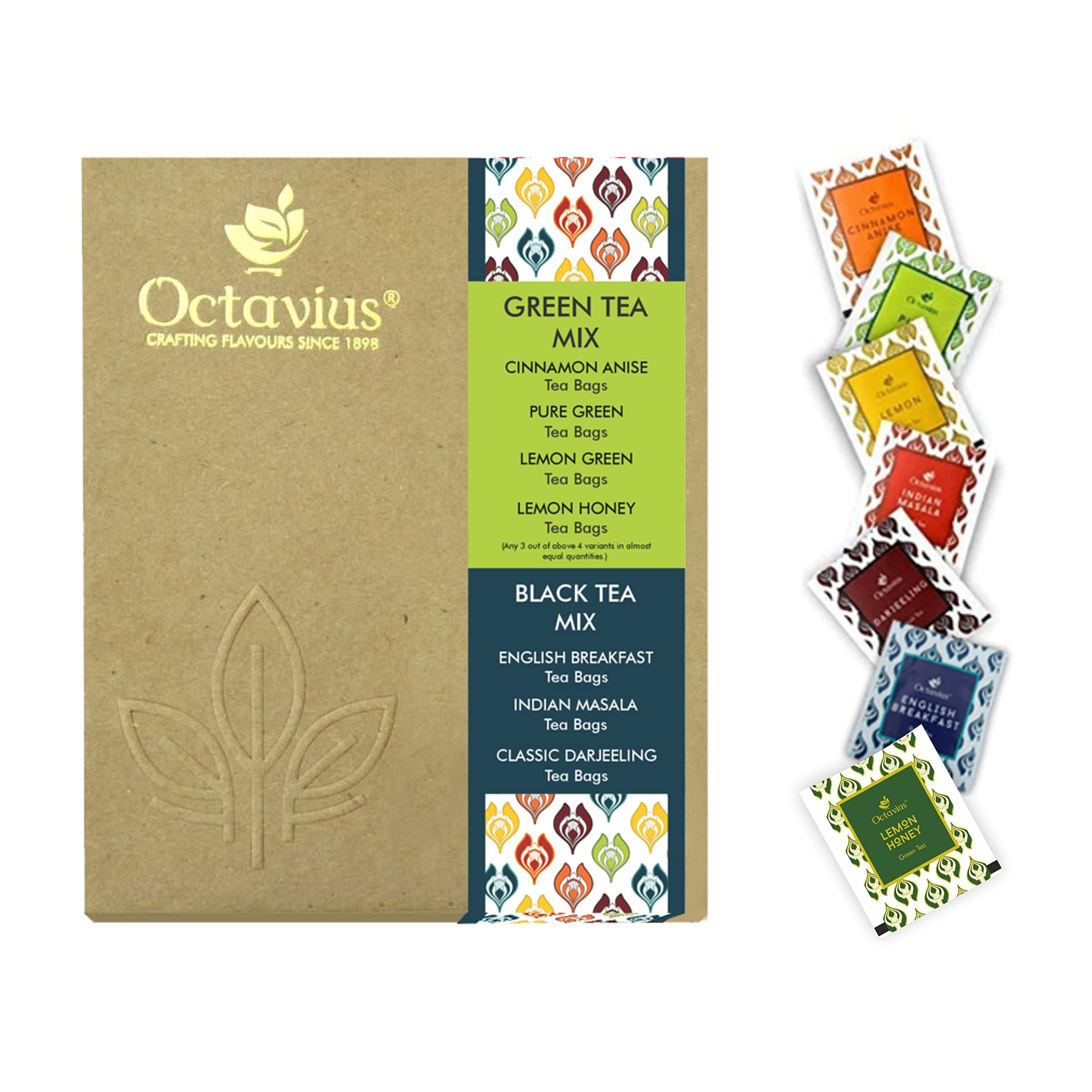 Octavius 6 Assorted Black and Green Tea, Enveloped Tea Bags for Freshness, Perfect for Gifting, Serve Hot or as Iced Tea Economy Packof 100 teabags