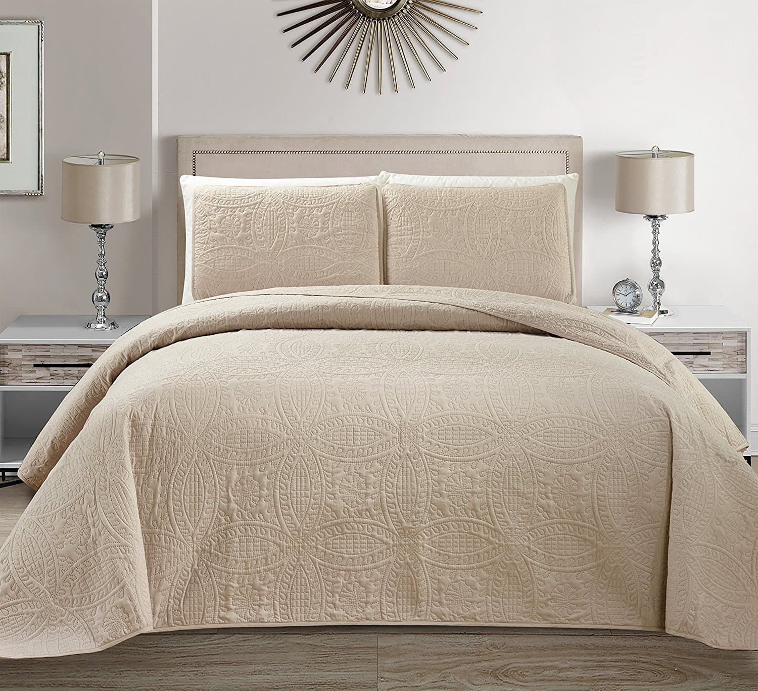 Linen Plus Collection 3 Pieces Full/Queen Over Size Embossed Coverlet Bedspread Set Solid Beige/Khaki 106" x 100" New