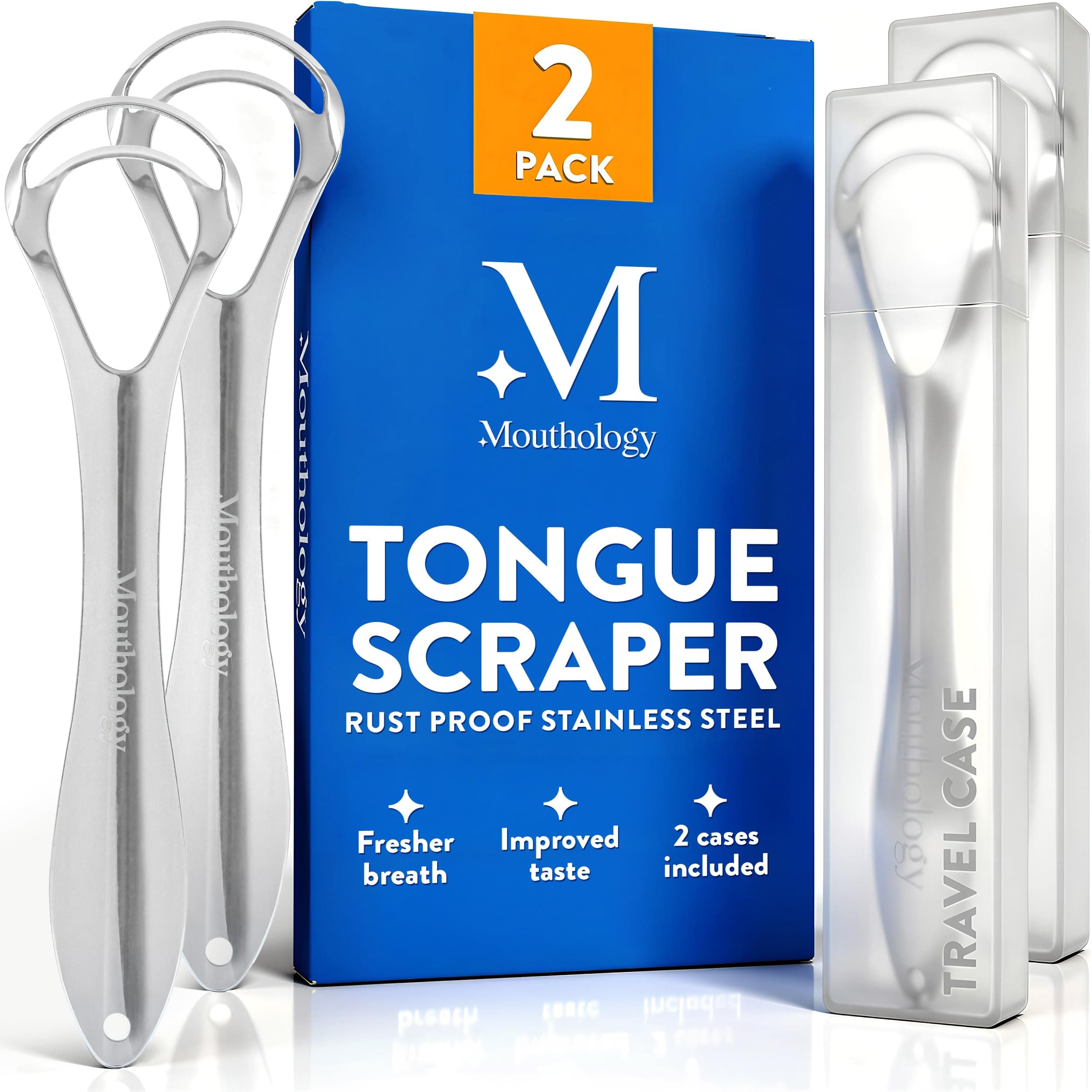 BASIC CONCEPTS Tongue Scraper for Adults (2 Pack), Reduce Bad Breath (Travel Cases Included), Stainless Steel Tongue Cleaners, 100% Metal Tongue Scraper with Case Fresh Breath Tongue Cleaner Oral