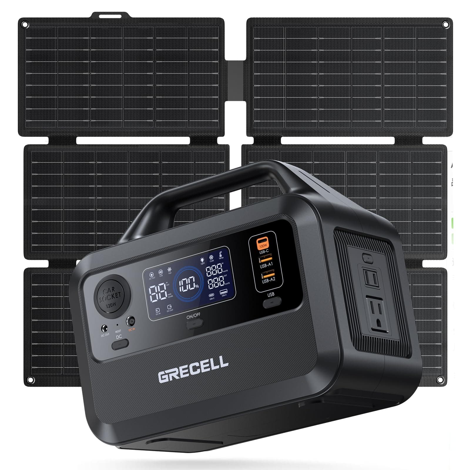 GRECELL Solar Generator with 40W Solar Panel Included,230Wh Portable Power Station 1.5hrs Fast Charging, (600W Surge) AC Outlets, LiFePO4 Battery Backup for Outdoor Camping, Trip, Power Outage