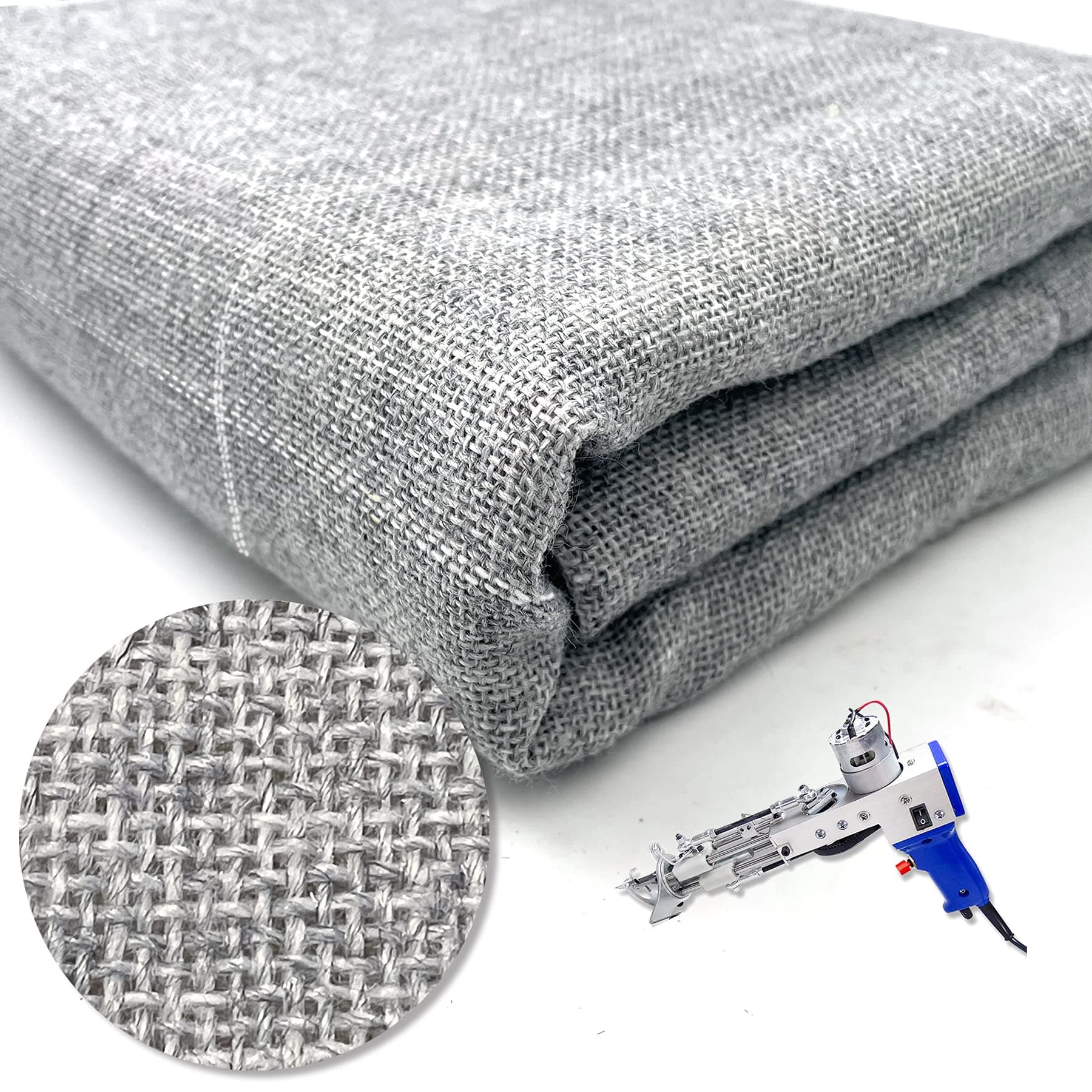 45" x 45" Large Primary Tufting Cloth with White Grid for Tufting Gun, Gray Primary Rug Backing Fabric, Monks Cloth for Punch Needle – Includes Yarn Threader, Glue Scrapers