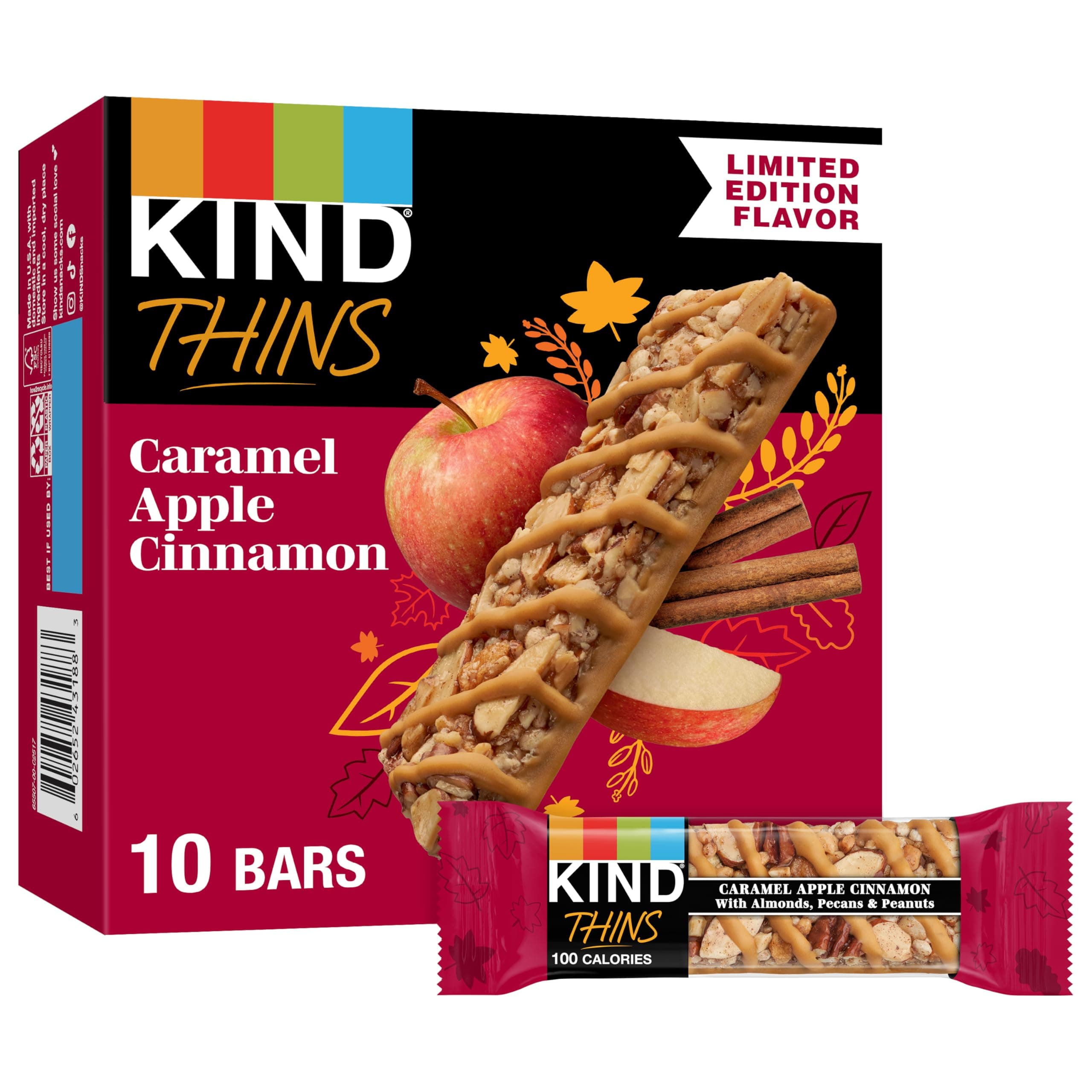 KIND THINS Caramel Apple Cinnamon with Almonds, Pecans, & Peanuts, Gluten Free, 100 Calorie, Healthy Snacks, 10 Bars (Pack of 1)