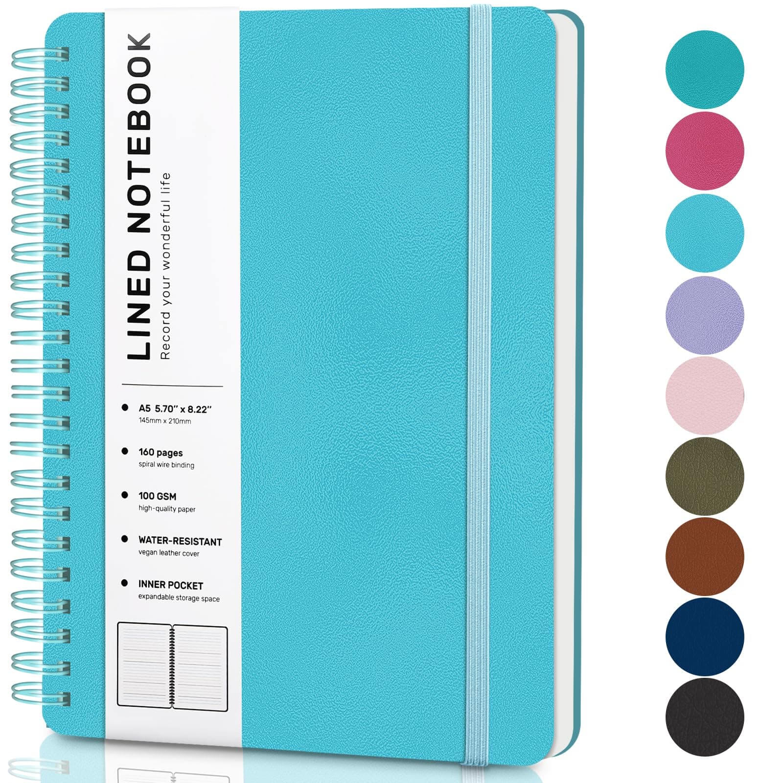 Light Blue Lined Spiral Journal Notebook with 160 Pages, 8×5.7in, A5 Spiral Notebook, Journaling Notebooks for Work, School, Women, Men, College Ruled Spiral Notebook, Hardcover Leather Journals