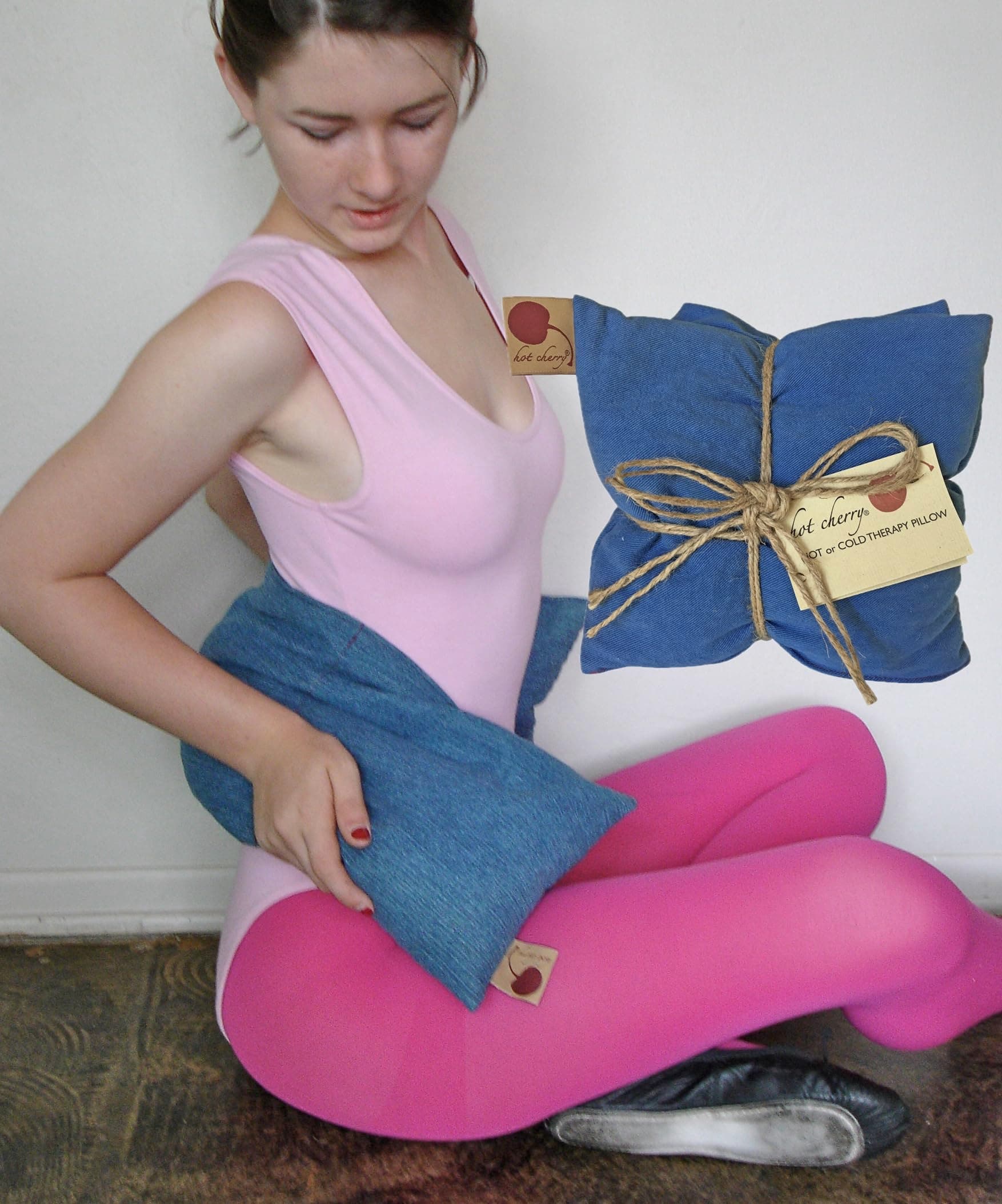 Triple Square Blue Denim Cherry Pit-Stone Pillow, Microwavable Hot/Cold Compress, Sustainable Heating Pad, Moist Heat Muscle Joint Pain Relief, Gift