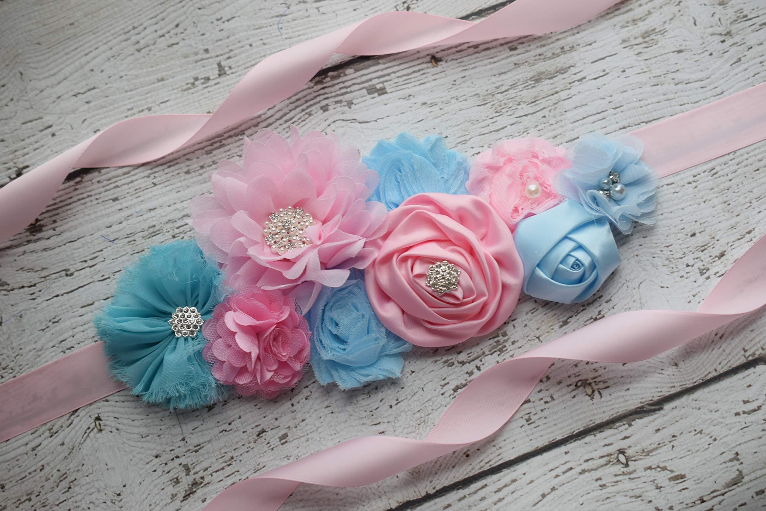 Sash, light pink and light blue Sash,M #2, flower sash, reveal gender sash, flower Belt, maternity sash