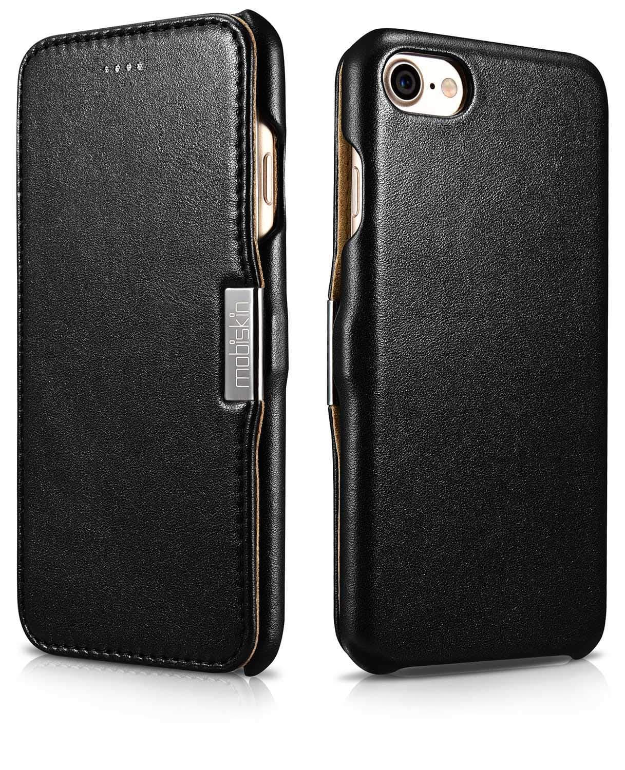 Mobiskincase compatible with Apple iPhone SE 2022 5G, iPhone SE 2020, iPhone 8, iPhone 7, cover with genuine leather, book-style protective phone case, ultra-slim folio, thin wallet, black
