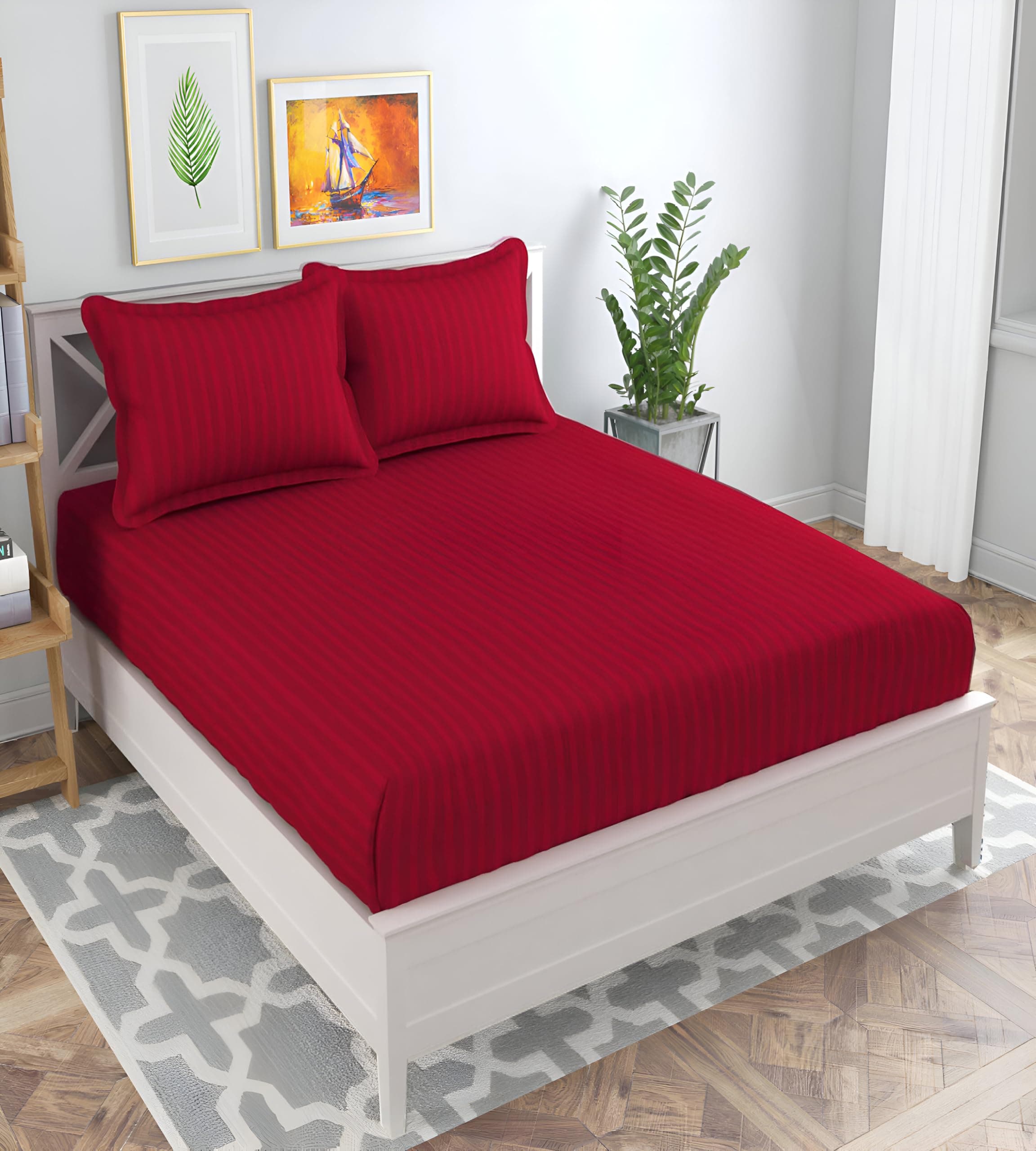 DTEX 210 TC Glace Cotton Satin Stripes Plain Bedsheet for Double Bed King Size with Two Pillow Covers Maroon