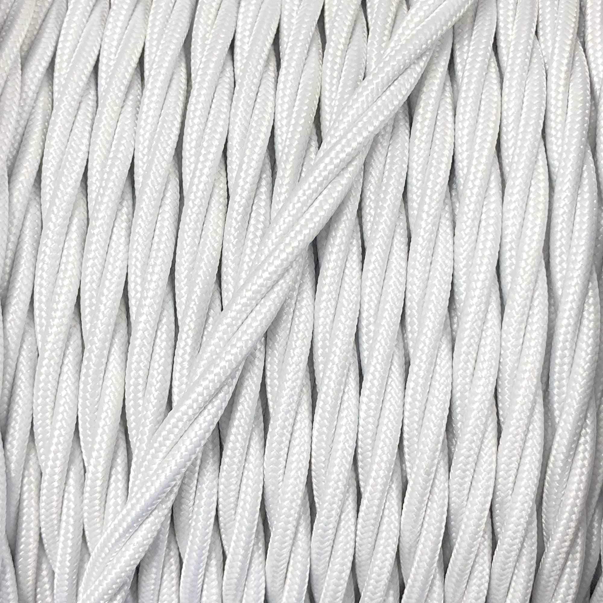 White Twisted Vintage-Style Braided Fabric Covered Lighting Flex Cable 2m Pack Length, 3-Core 6 Amp (0.75mm), EU Manufactured