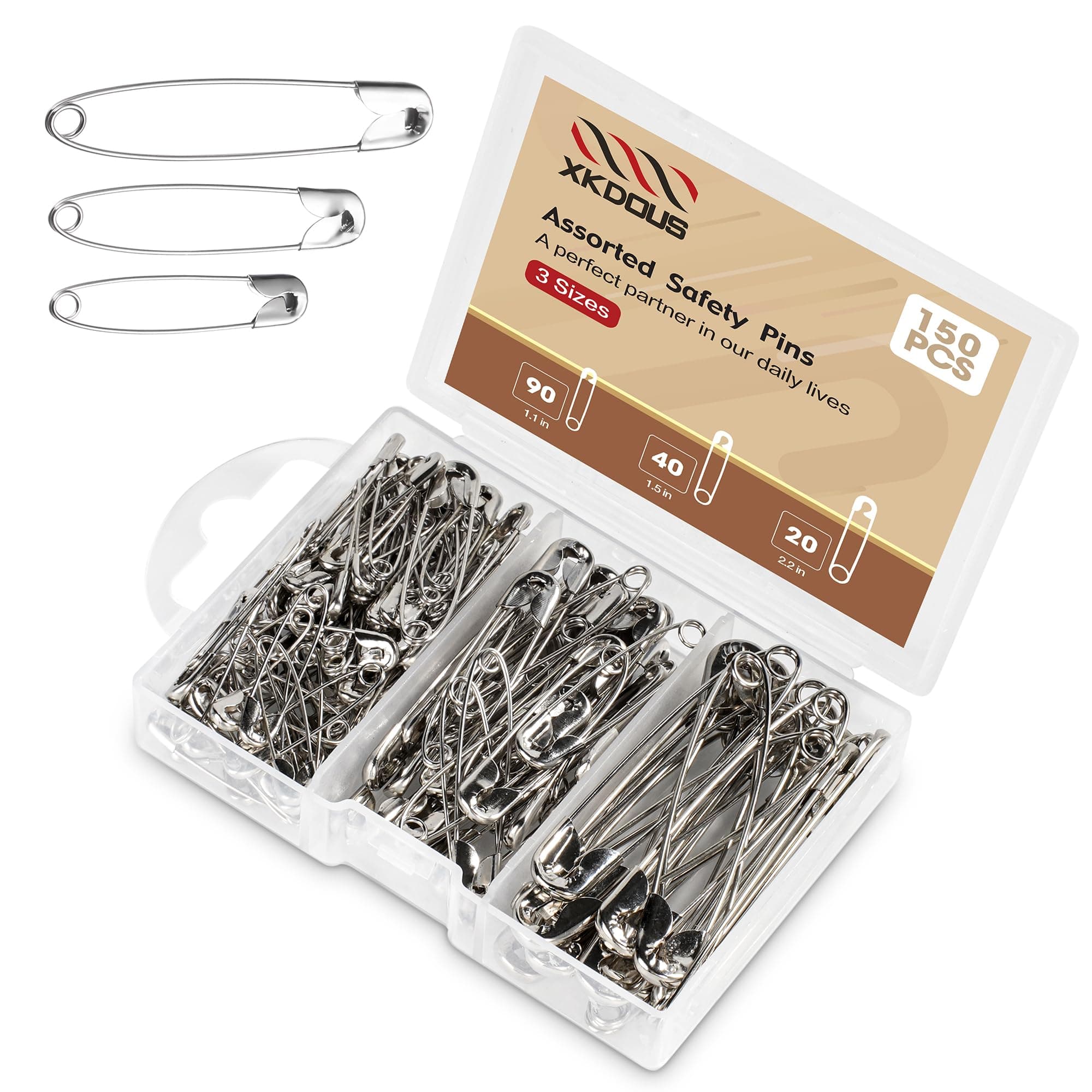 XKDOUS Safety Pins - 150 Pcs Assorted Sizes Silver Pins Bulk - Small & Large Heavy Duty for Clothes, Sewing, Craft