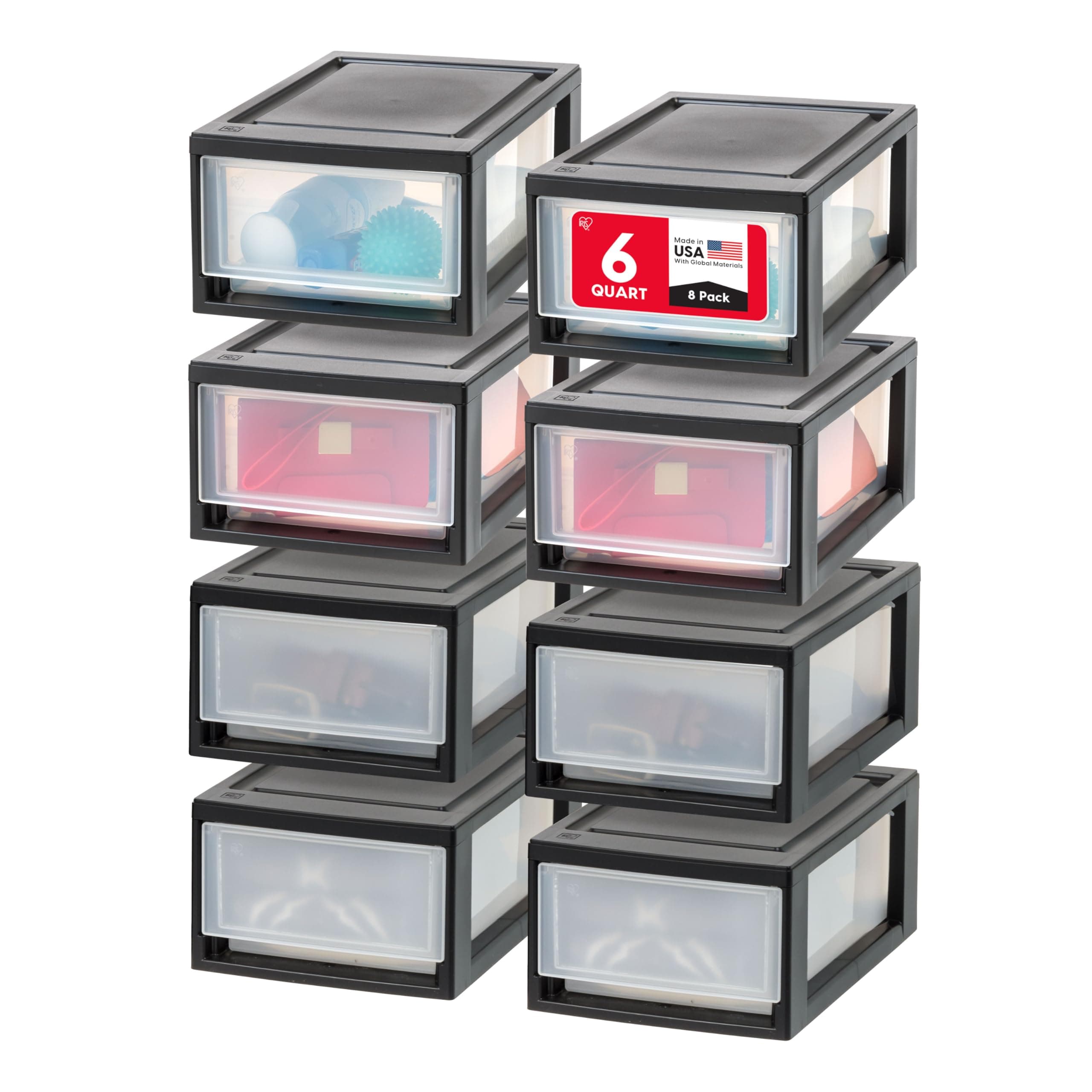 IRIS USA 6 Qt. Plastic Drawer Storage Organizer Stacking Drawers, 8-Pack, Stackable Unit with Sliding Drawer for Clothes Bedroom Kitchen Under Sink Pantry Craft Room Bathroom Dorm Office, Black