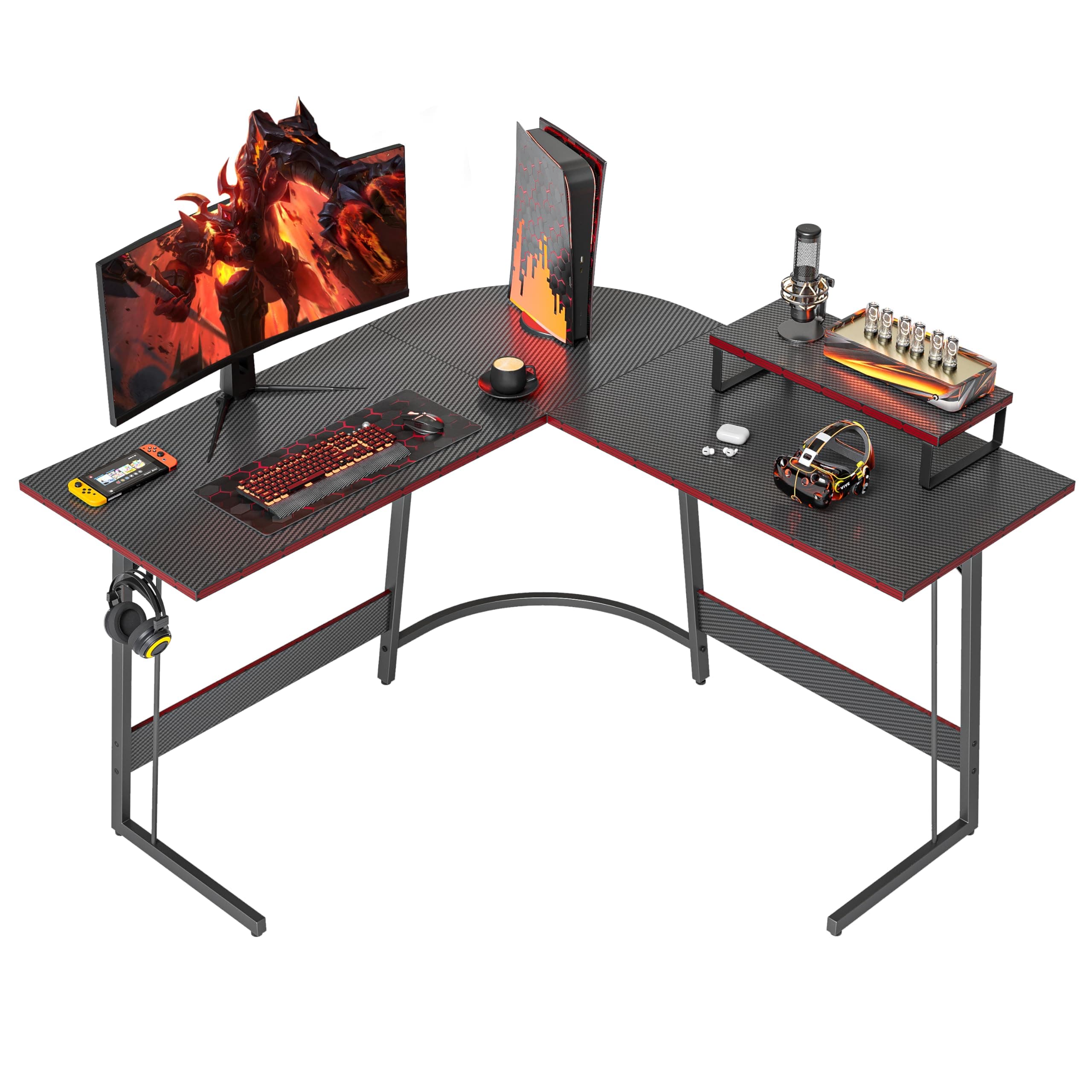 Cubiker L Shaped Gaming Desk Computer Office Desk, 120 cm Corner Table with Large Monitor Stand for Home Office Study Writing Workstation, Carbon Fiber Black