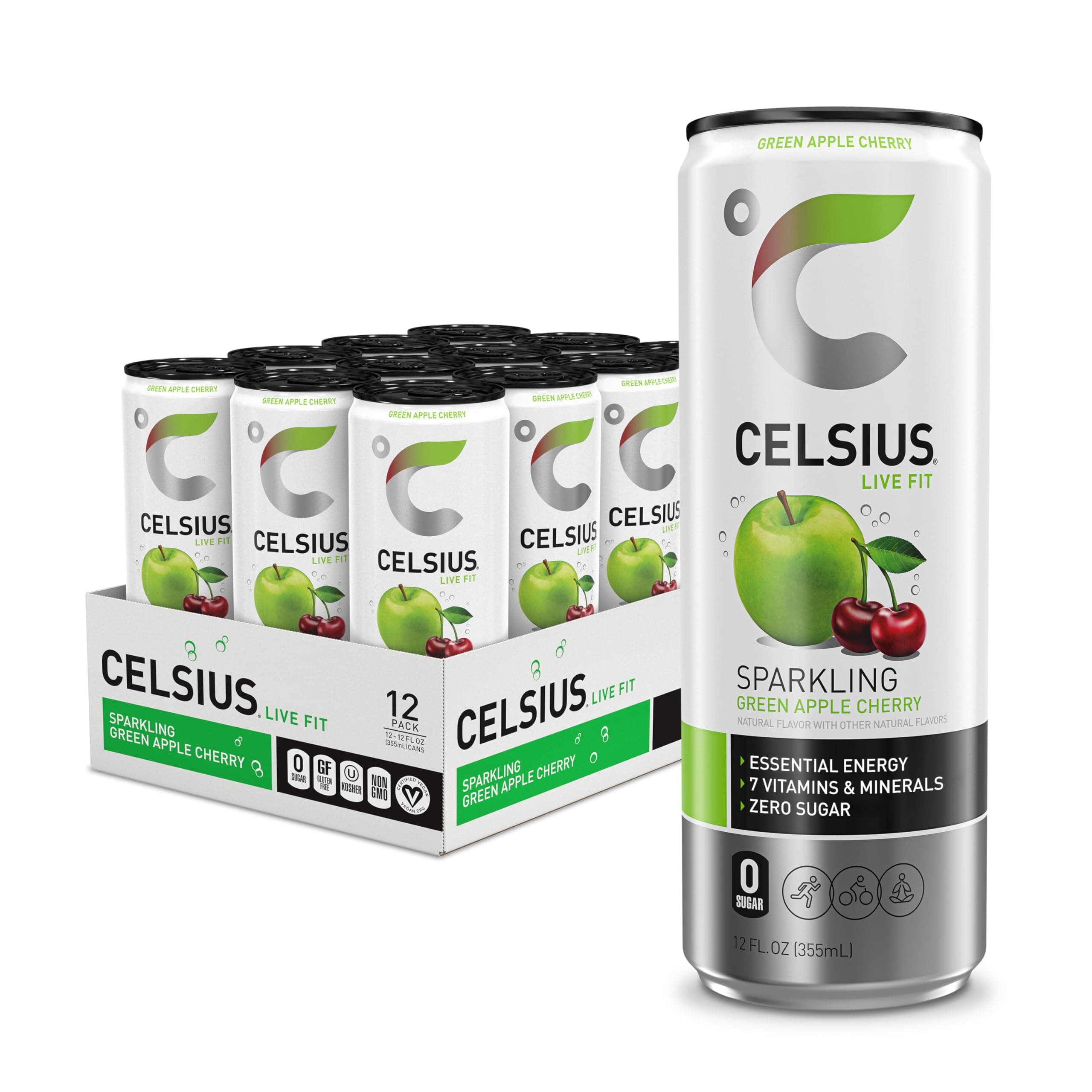 CELSIUS Sparkling Green Apple Cherry, Functional Essential Energy Drink 12 Fl Oz (Pack of 12)