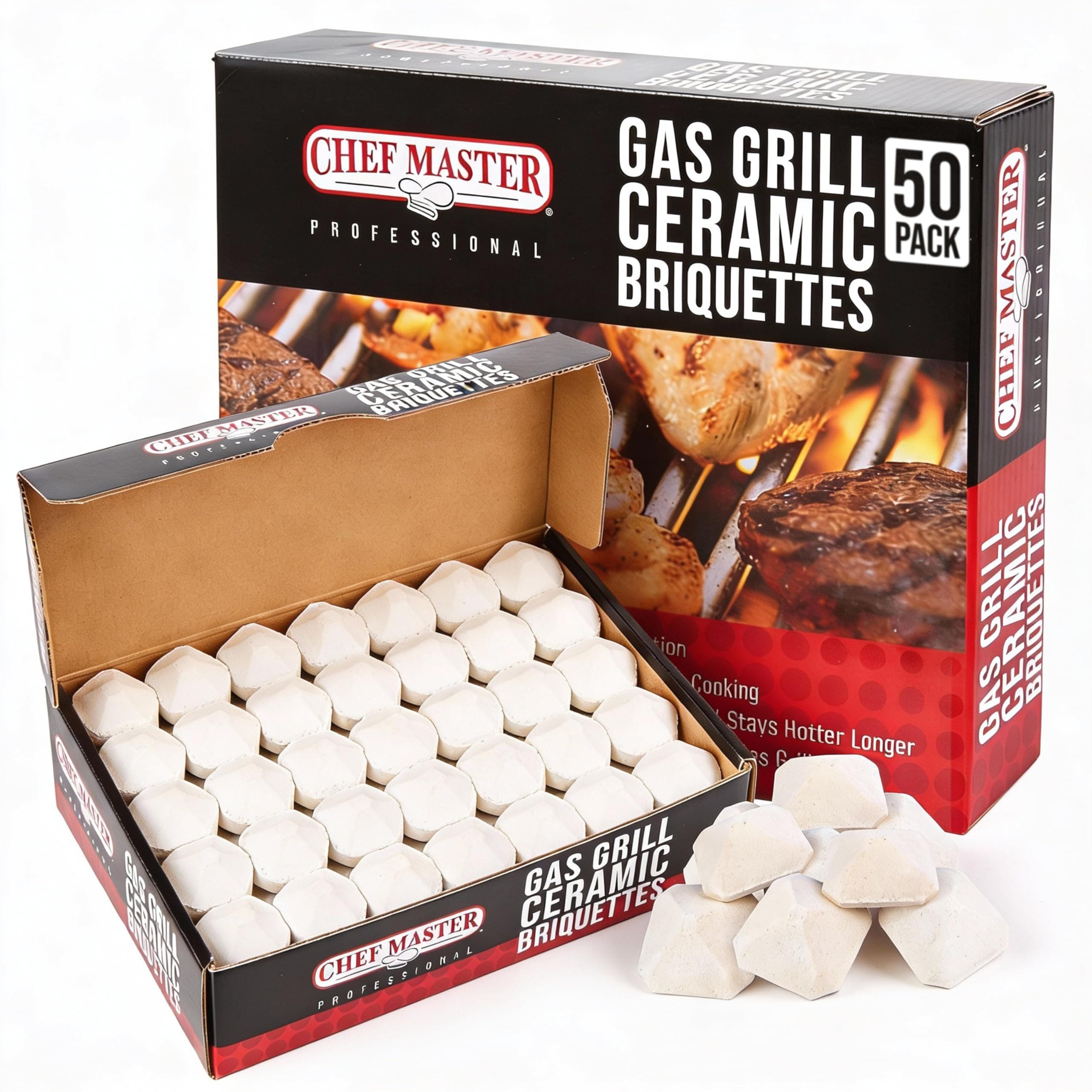 Ceramic Briquettes for Gas Grill (50 Pack) - Replacement for Lava Rocks - Self Cleaning Gas Grill Briquettes for BBQ - Cleaner Cooking, Reduce Flare Ups, Better Heat Distribution - 05004CM