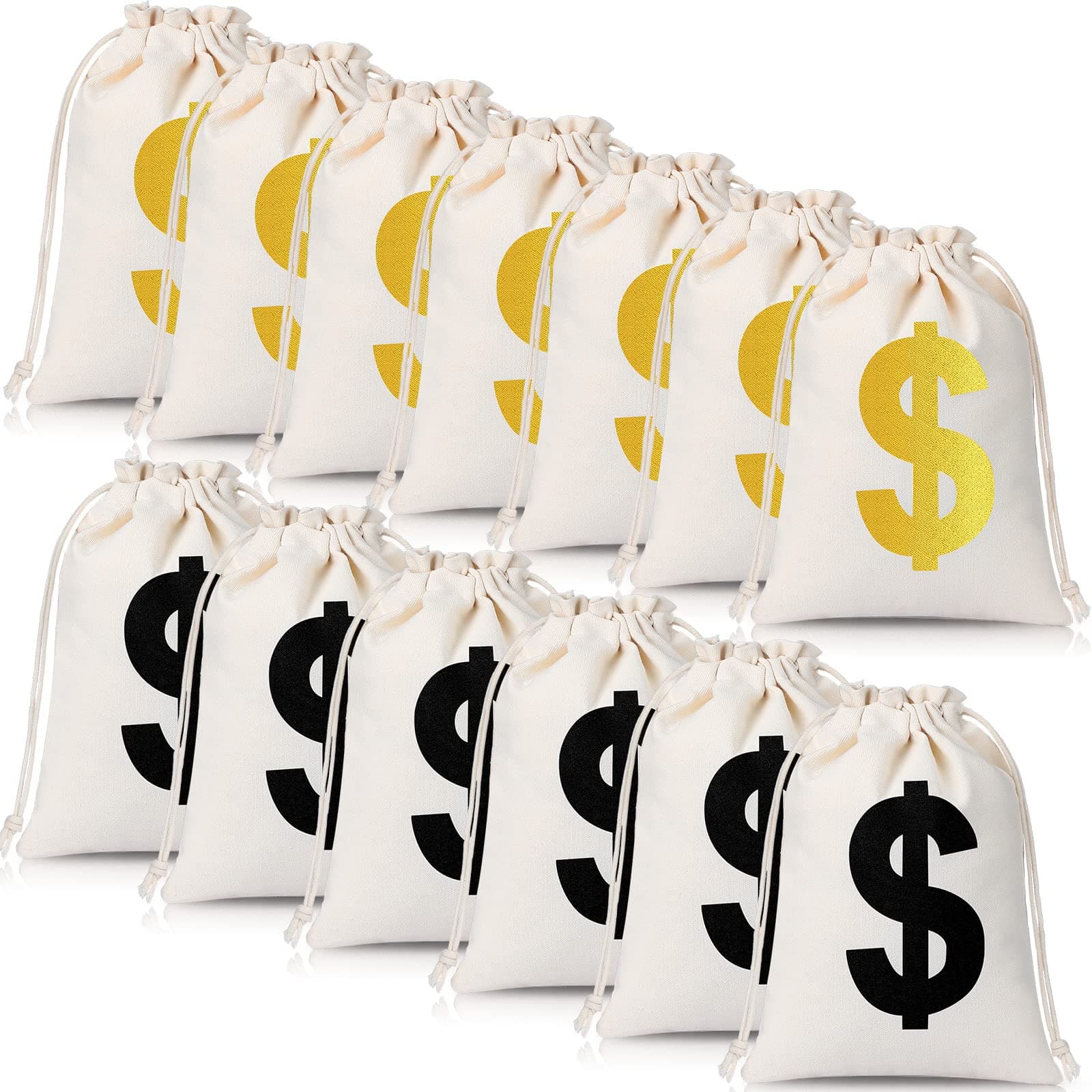 16 Pcs 9 x 6.3 Inch Canvas Money Drawstring Bag Dollar Sign Money Pouch Carrying Sack Toy Stage Movie Costume Prop for Bank Robber Cosplay Pirate Cowboy Theme Party Supplies Novelty Gifts