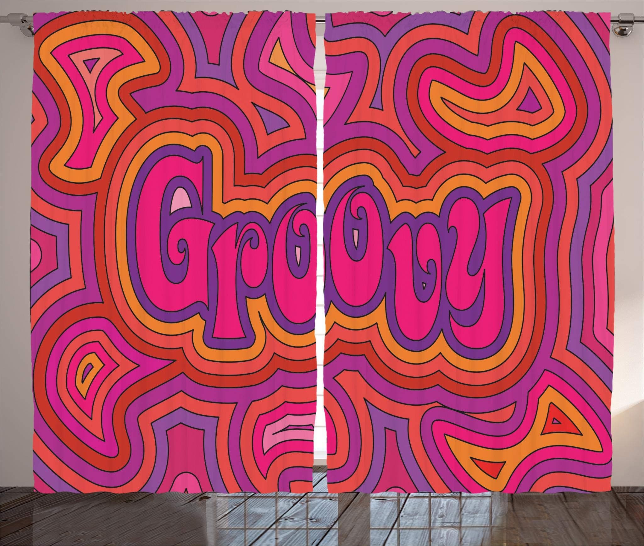 Ambesonne Groovy Curtains, Psychedelic Groovy Design with Energeticbstract Elements Print, Living Room Bedroom Window Drapes 2 Panel Set, 108" X 84", Hot Pink Multicolor