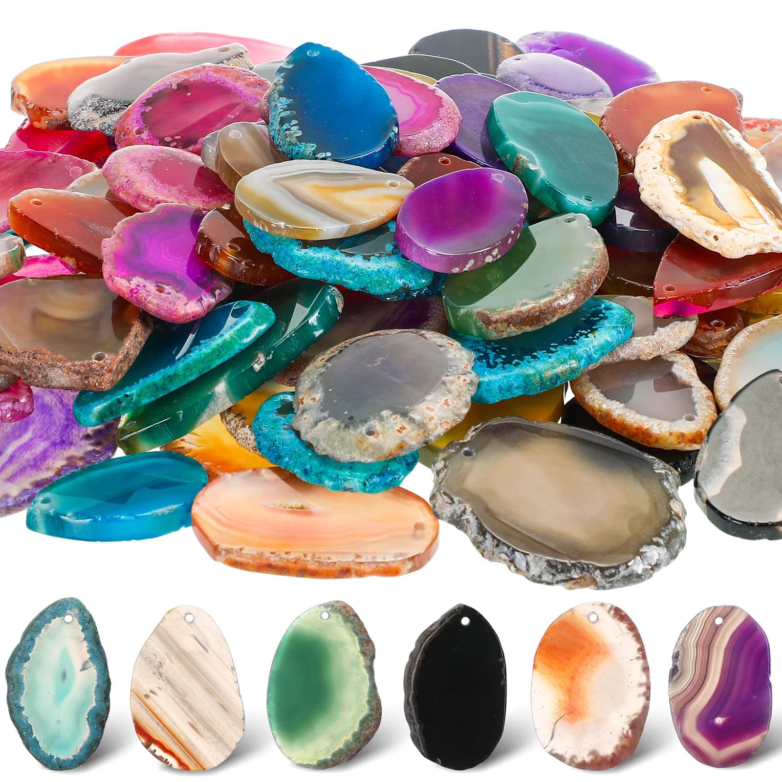 Nuenen 50 Pcs Agate Slice Crystals Bulk Polished Agate Light Table Slices Irregular Healing Crystals Geode Stones Drilled Geode Agate Slab Cards Natural Agate Pendants for Jewelry Making DIY (Medium)