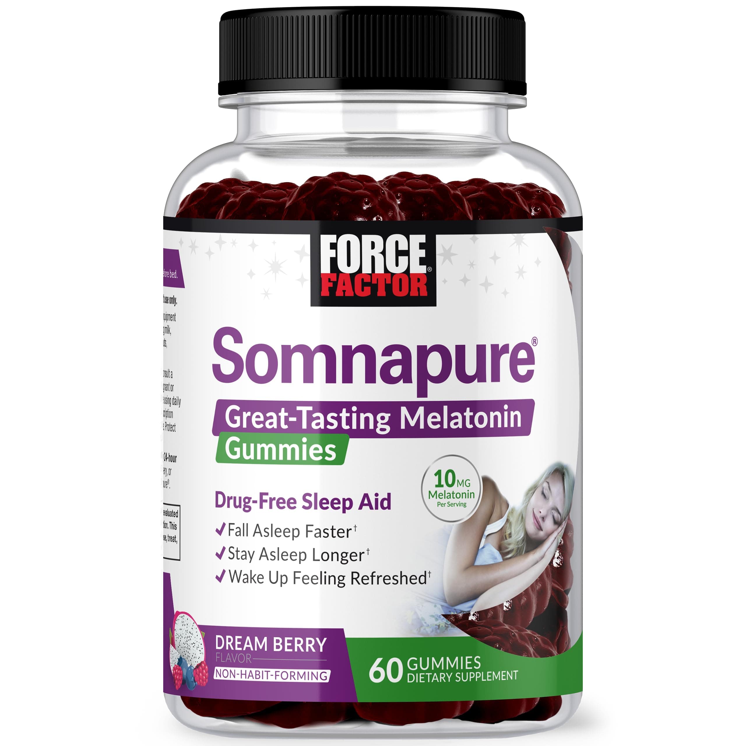 Force Factor Somnapure Gummies with Melatonin 10 mg for Adults, Non-Habit-Forming, Natural Sleep Aid for Deep Sleep, Stay Asleep Longer, Wake Up Refreshed, Dream Berry Flavor, 60 Count (Pack of 1)