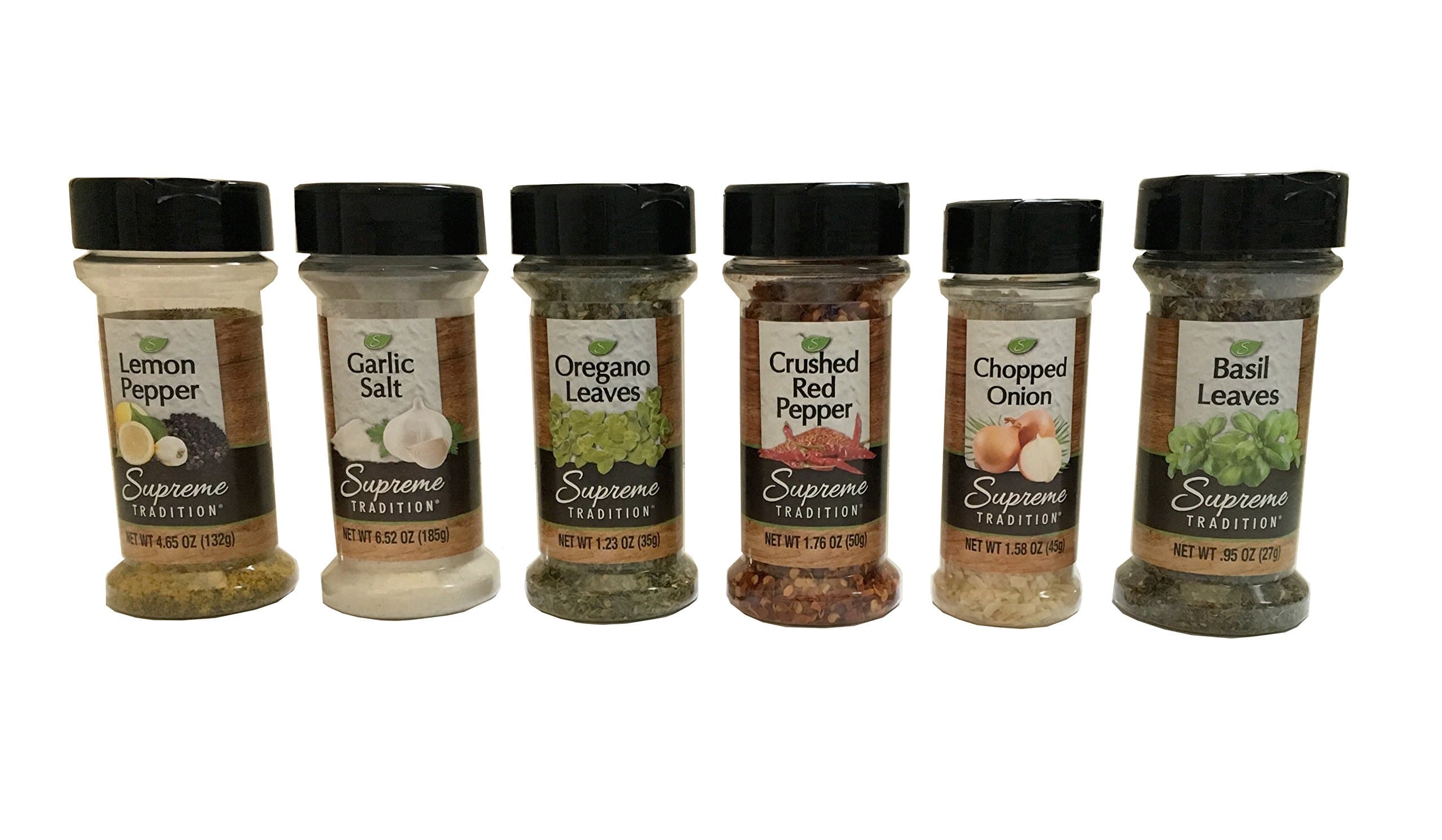 Supreme Spice Starter Set #2 with 6 Essential Spices for Cooking Basics – 6 Piece Spice Gift Set Includes Lemon Pepper, Garlic Salt, Oregano Leaves, Crushed Red Pepper, Chopped Onion and Basil Leaves