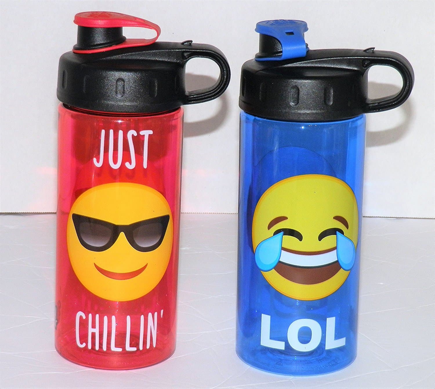 2 -- Plastic Water Bottle Emoji - JUST CHILLIN - LOL - Carry Loop BPA Free 16oz