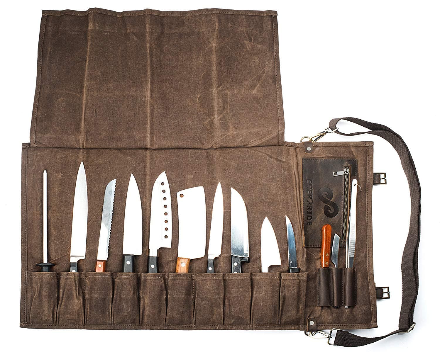 EVERPRIDE Waxed Canvas and Leather Chef Knife Roll Bag – Chef Bag Holds 10 Knives up to 15” PLUS Pocket for Cooking Accessories – Durable Knife Case for Professional Chefs – Knives Not Included