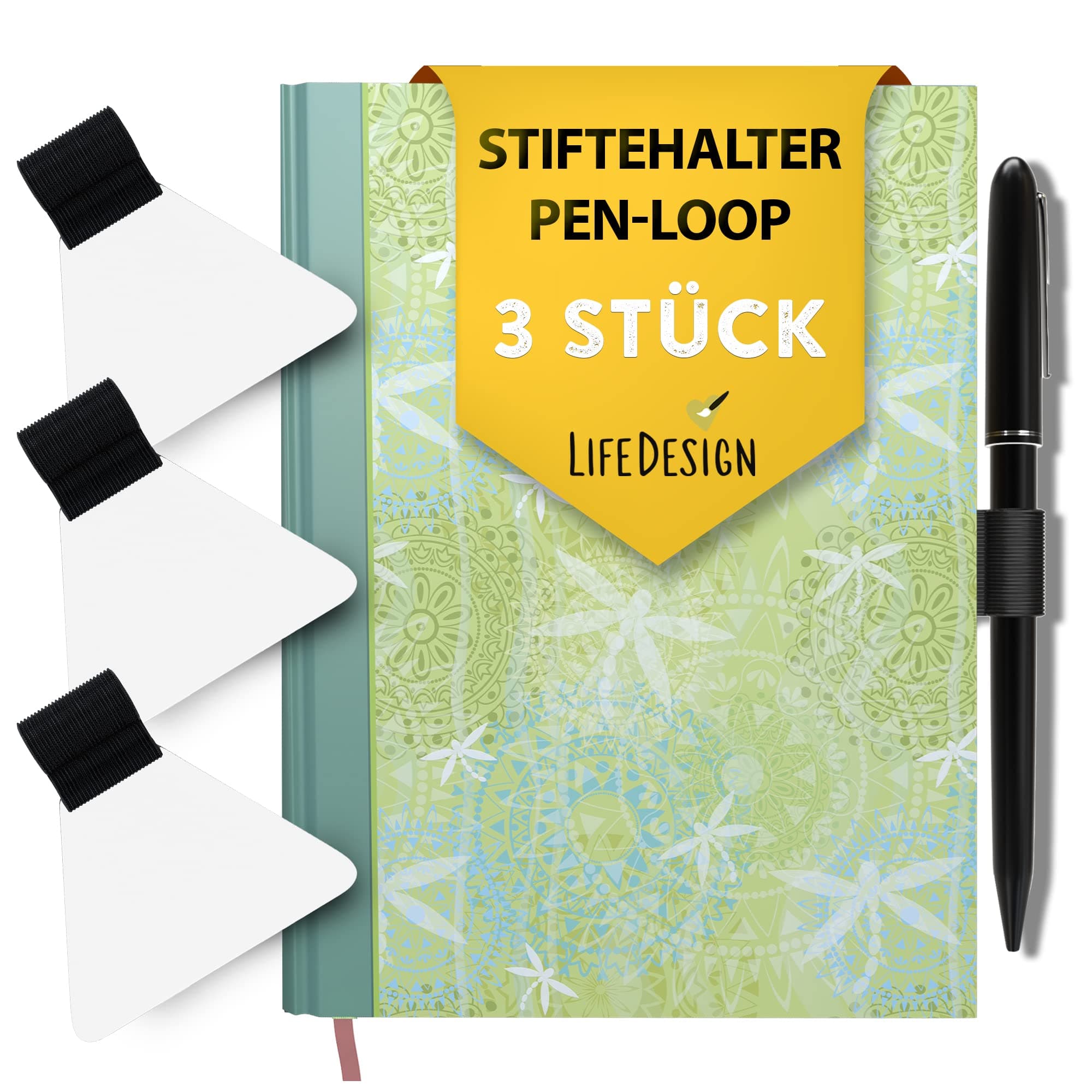 Pen Holder, Pen Loop, Self-Adhesive For Notebook, Calendar, Clipboard, Black, Transparent Pad Pack of 3