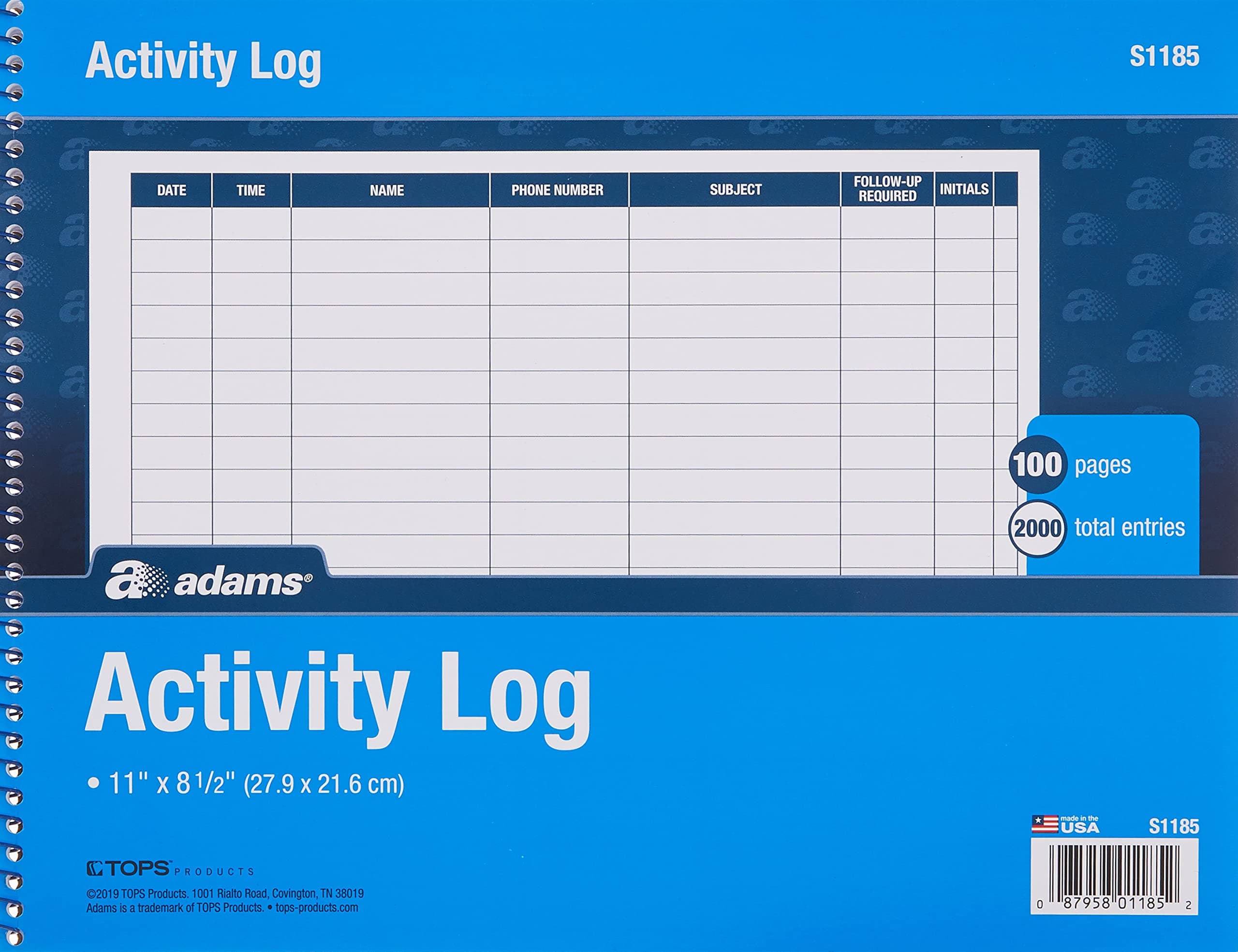 Adams Activity Log Book, Spiral Bound, 8.5 x 11 Inches, 100 Pages, White (S1185ABF)
