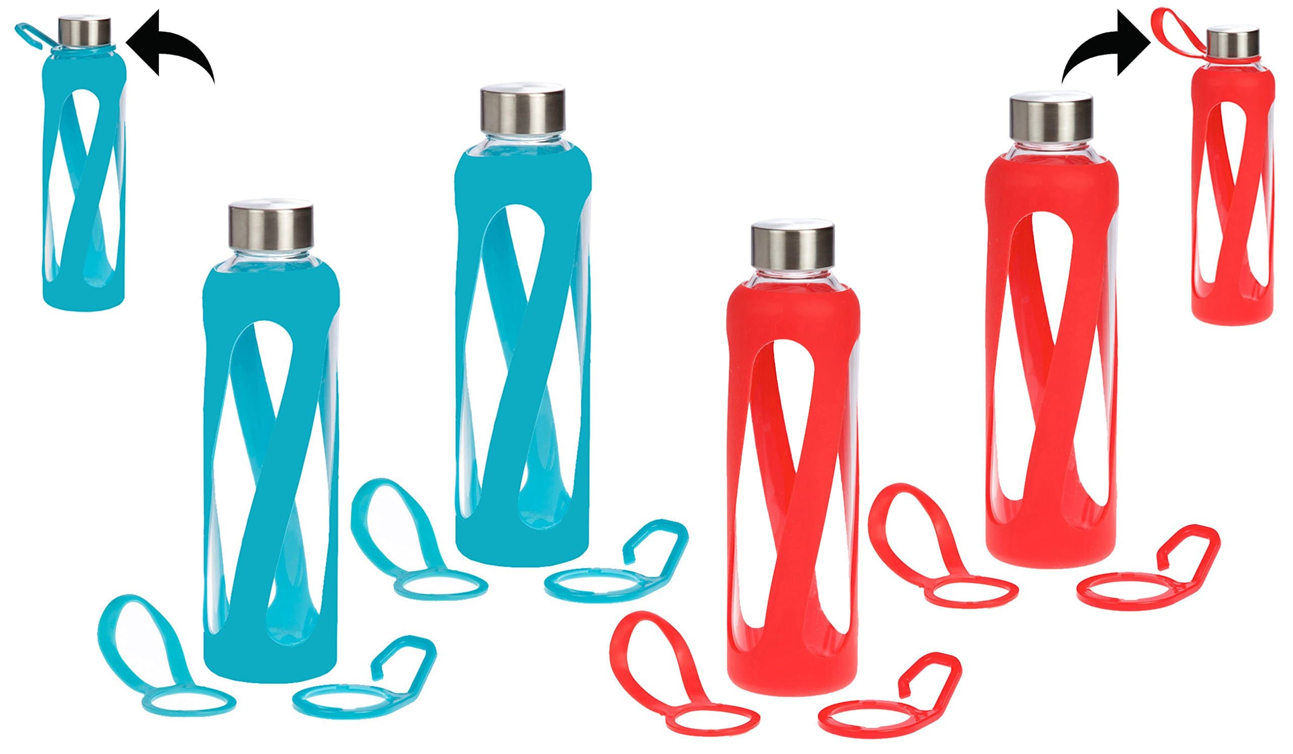 1, 2, 3, 4- PACKS - 20 oz Leak Proof, Reusable Pure Borosilicate Tempered Glass Water Bottle, Non-Slip Silicone Sleeve, 2 Attachments: Loop and Hook, Free of BPA, BPS, BPF, PVC, Phthalates