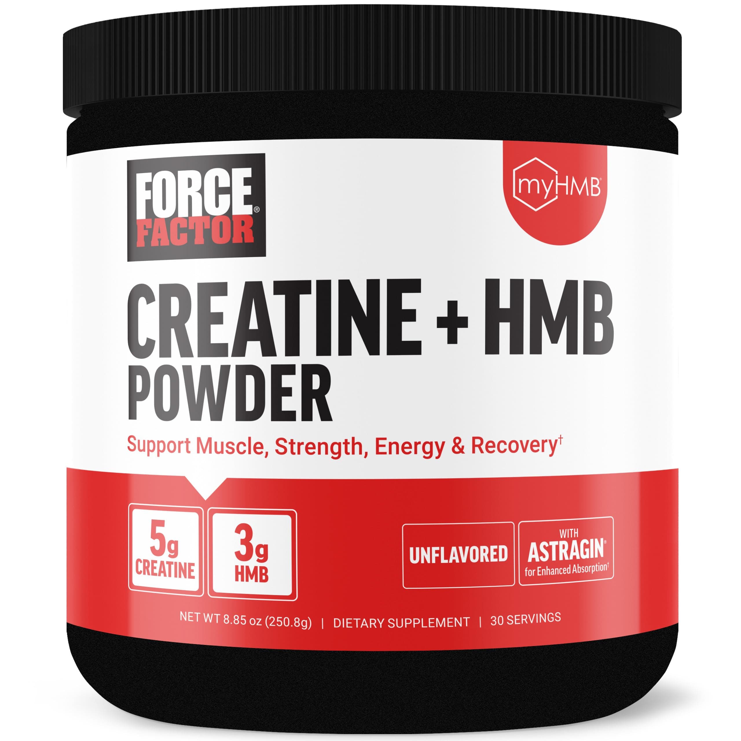 Force Factor Creatine HMB Powder, 5g Creatine Monohydrate + 3g myHMB for Muscle Growth, Strength, Energy & Recovery, with AstraGin for Enhanced Absorption, Unflavored, 30 Servings