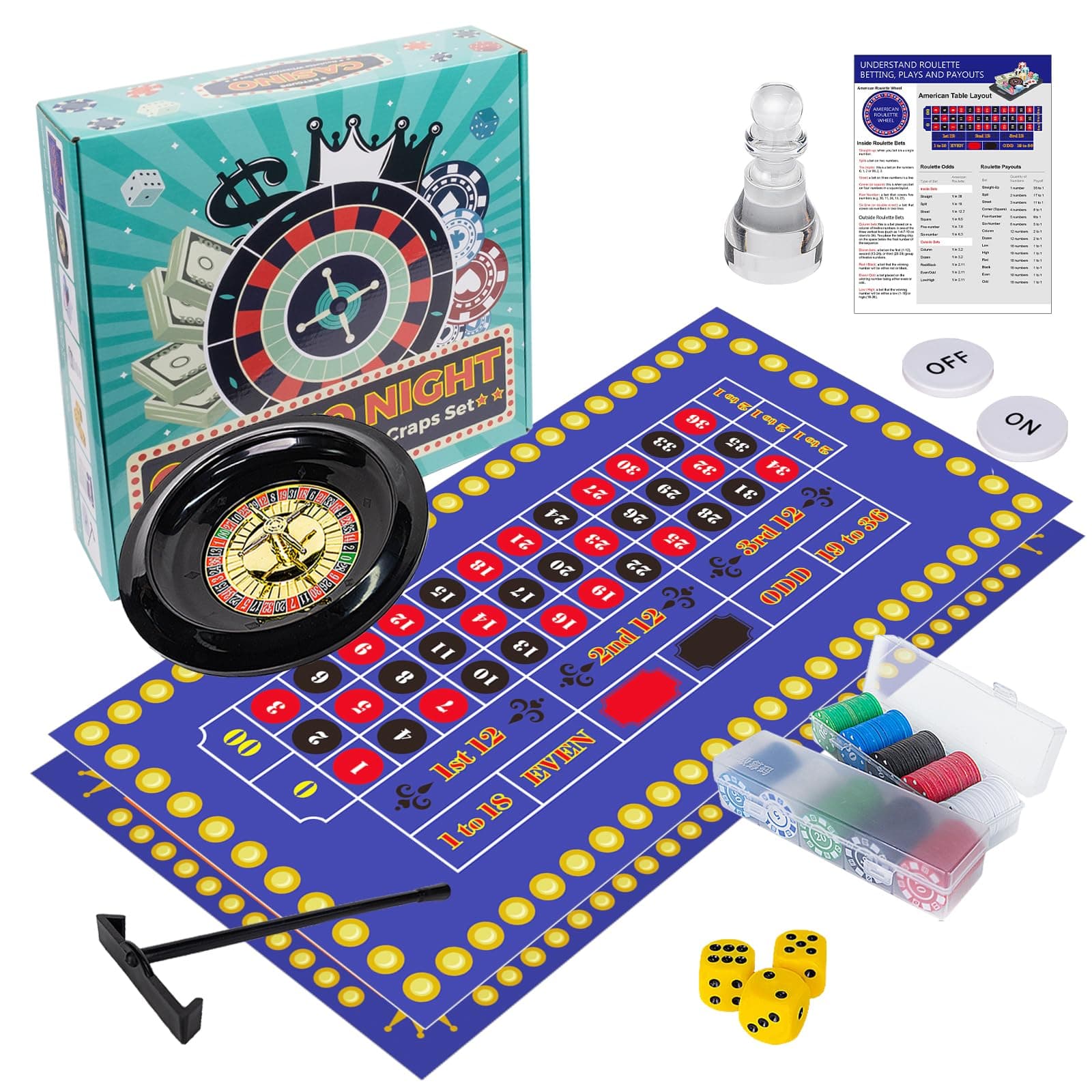 Extguds Roulette Wheel and Craps Set with Large Double Sided Felt, 10 Inch Roulette Wheel, Chip Rake, 200 Chips, Roulette Marker, 3 Dices, Perfect for Game Night Party
