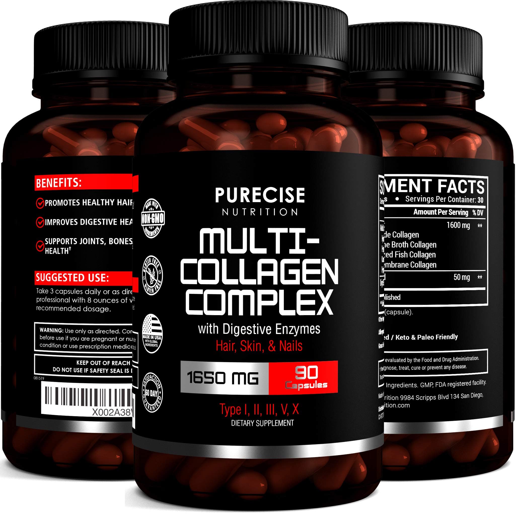 Advanced Multi Collagen Pills (Types I, II, III, V & X) - Grass-Fed Paleo Friendly Blend Supports Anti- Aging, Healthy Skin, Hair, Nails, Bones and Joints- Hydrolyzed Collagen Peptides Capsules