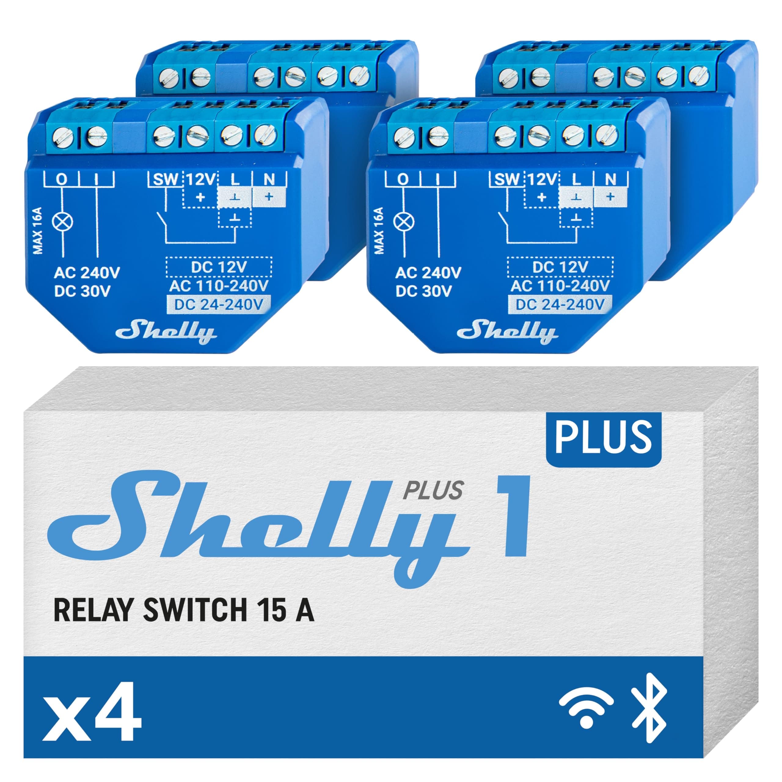 Shelly Plus 1 UL | WiFi Smart Relay Switch with Dry Contacts | Home Automation | Bluetooth Gateway | Alexa, SmartThings & Google Home Compatible | No Hub | Remote Control | Garage Door Opener (4 Pack)