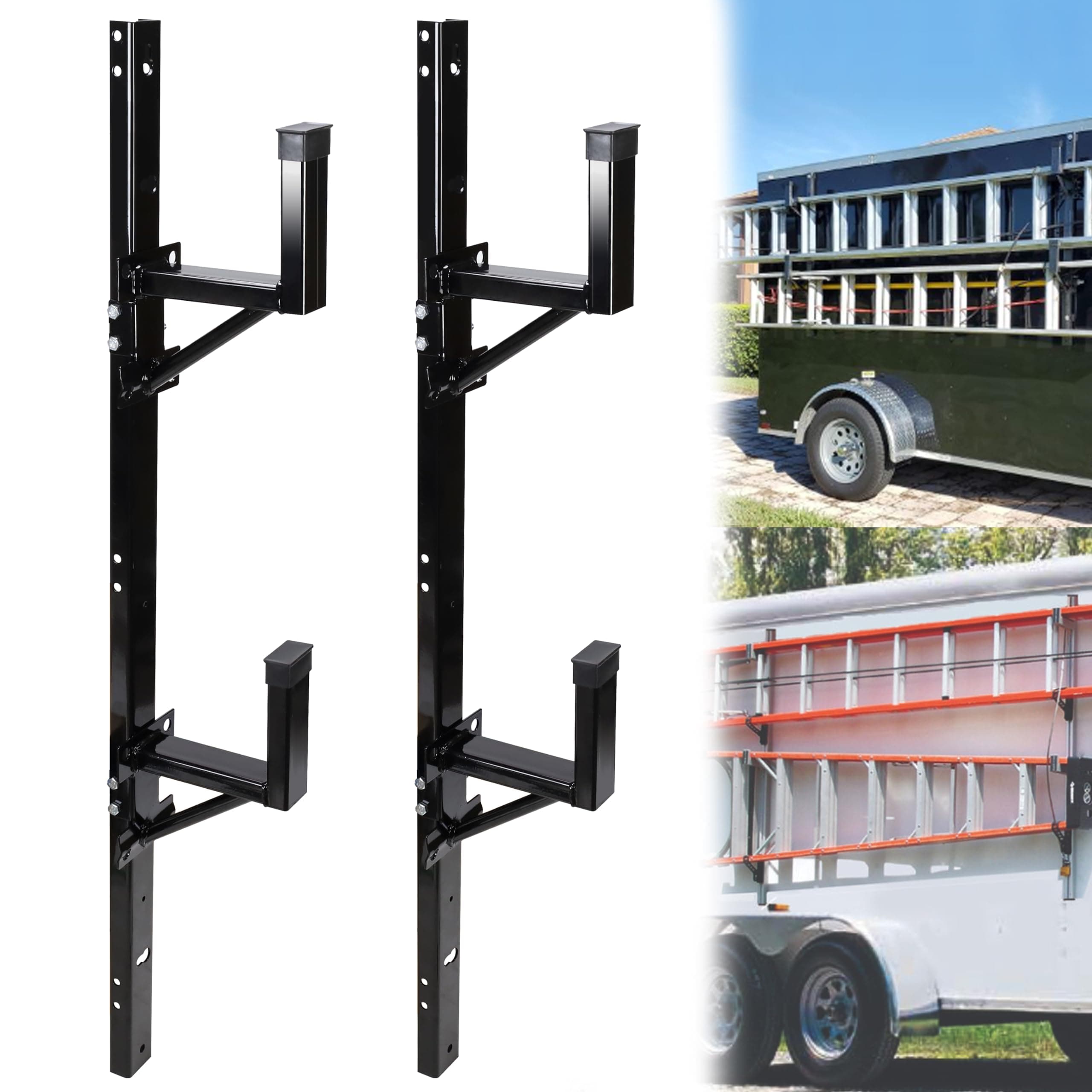 JY PERFORMANCE Side Mount Ladder Rack For Trailer, Adjustable Heavy Duty Steel Ladder Rack for Open/Enclosed Trailer Exterior Wall, 2 Ladders 300 LBS Capacity