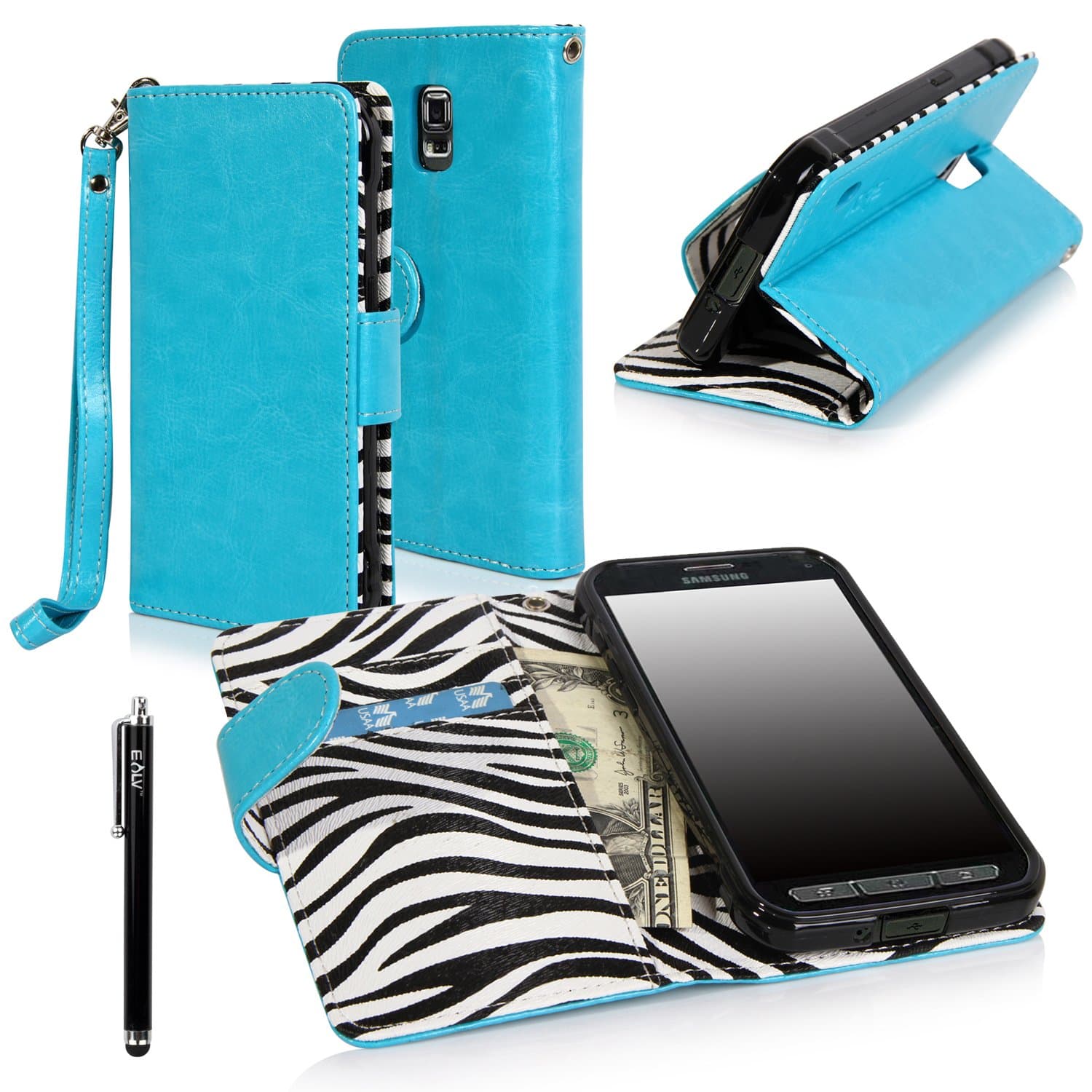 Galaxy S5 ACTIVE Case, Galaxy S5 Active Flip Case - E LV Deluxe PU Leather Folio Wallet Case Cover for Samsung Galaxy S5 Active SM-G870 (Water Resistant Model) with Zebra Print Interior - Blue