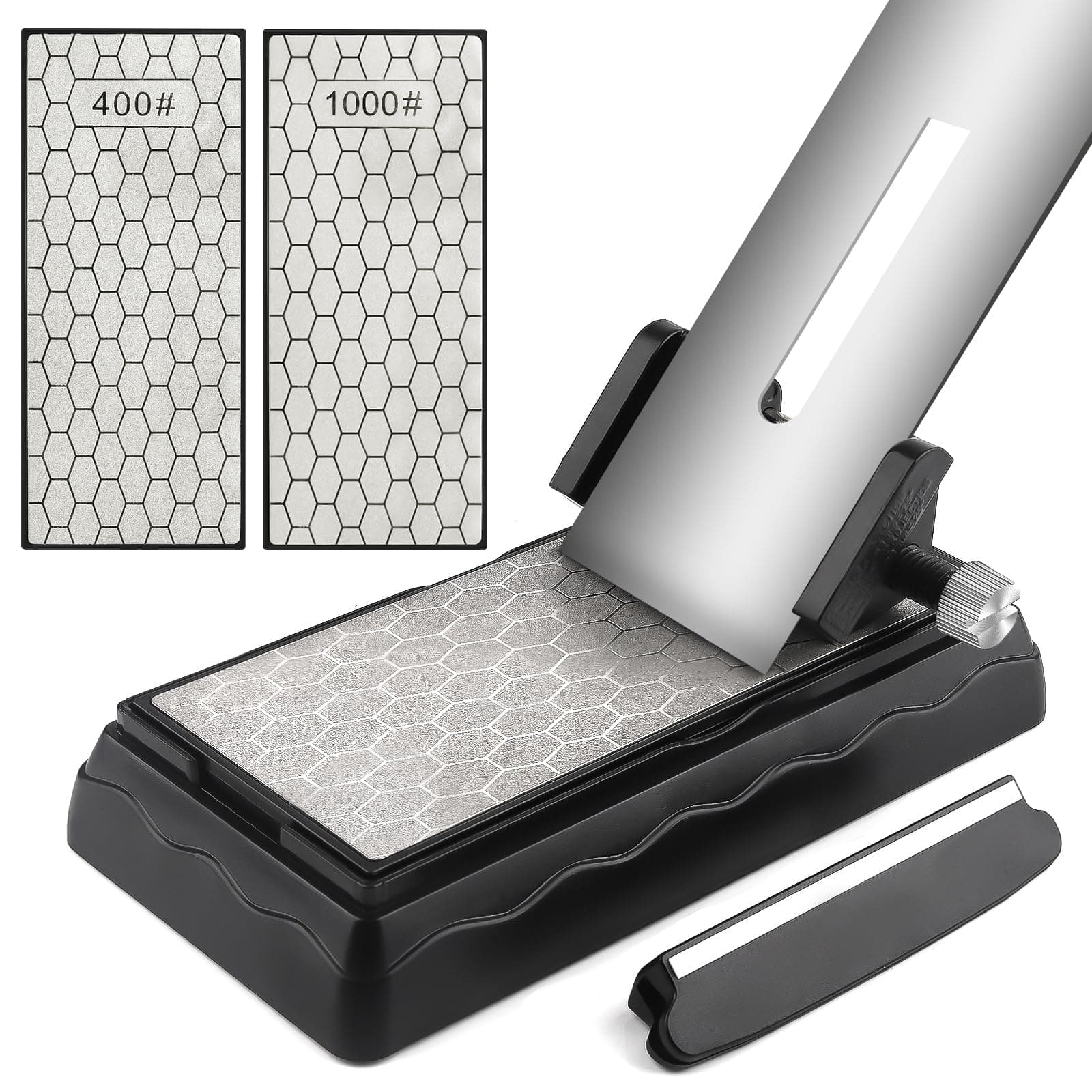 Kalolary Diamond Sharpening Stones with Honing Guide, Knife Sharpener Stone with Non-Slip Base for Chisels Planes Sharpening Stone Set Fine/Coarse Diamond Sharpening Plate with Angle Guide (400/1000)