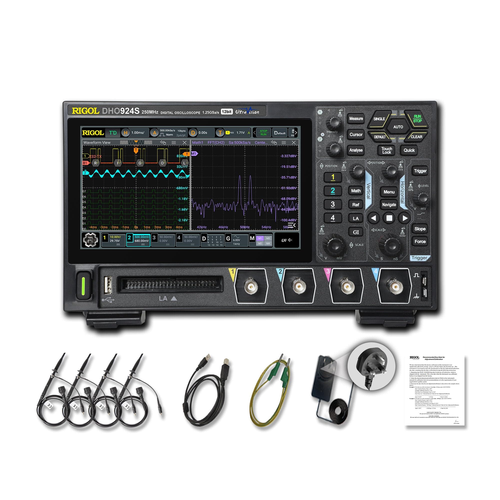 DHO924S Portable Digital Oscilloscope, 250MHz Bandwidth, 4 Analog Channels, 16 Digital Channels, 12-bit Vertical Resolution, supports Bode Plot Analysis, integrated 25MHz Signal Generator