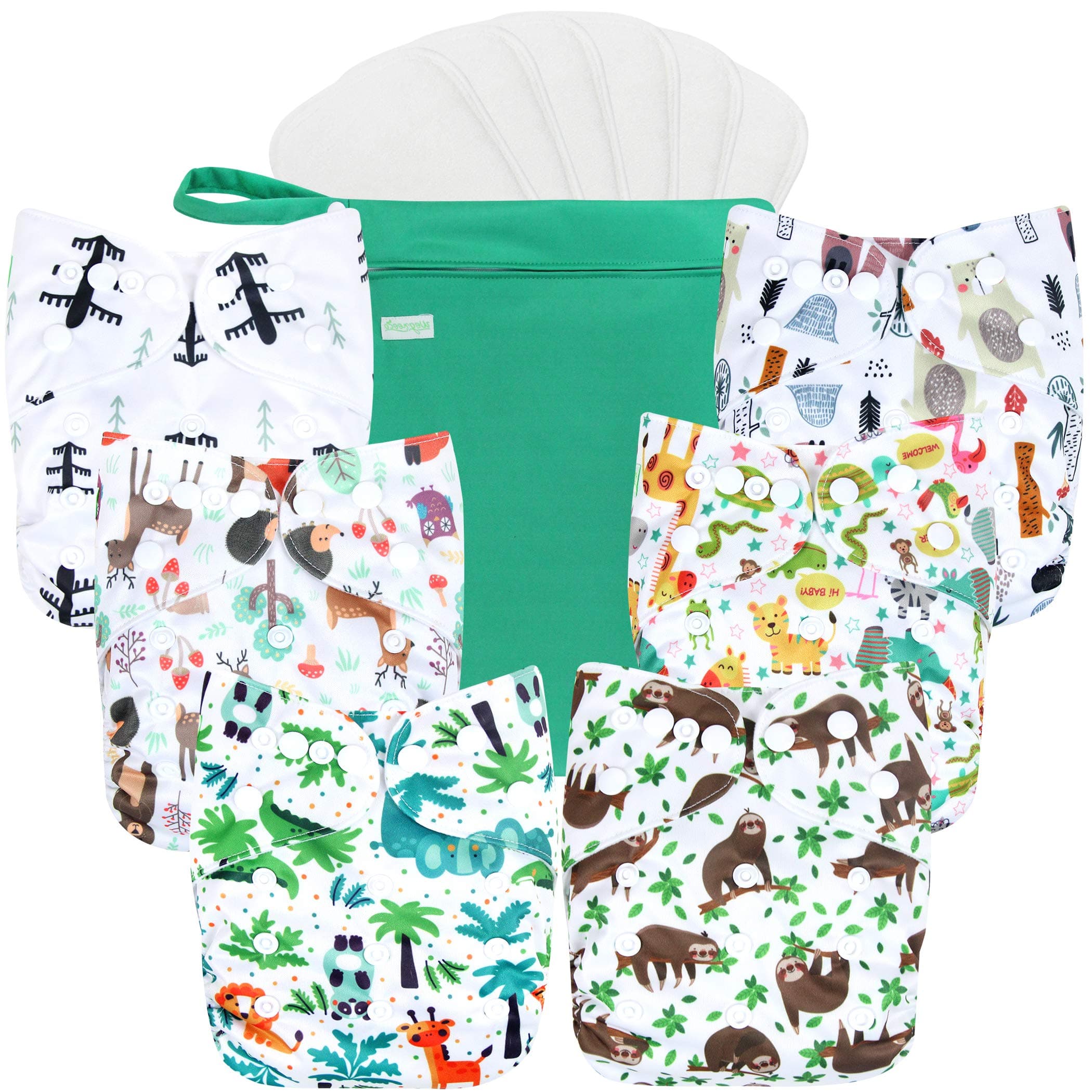 - wegreeco Cloth Diapers 6 Pack with 6 Inserts & 1 Wet Bag, Washable Cloth Diapers for Babies, One Size Adjustable Reusable (Forest, Animals)