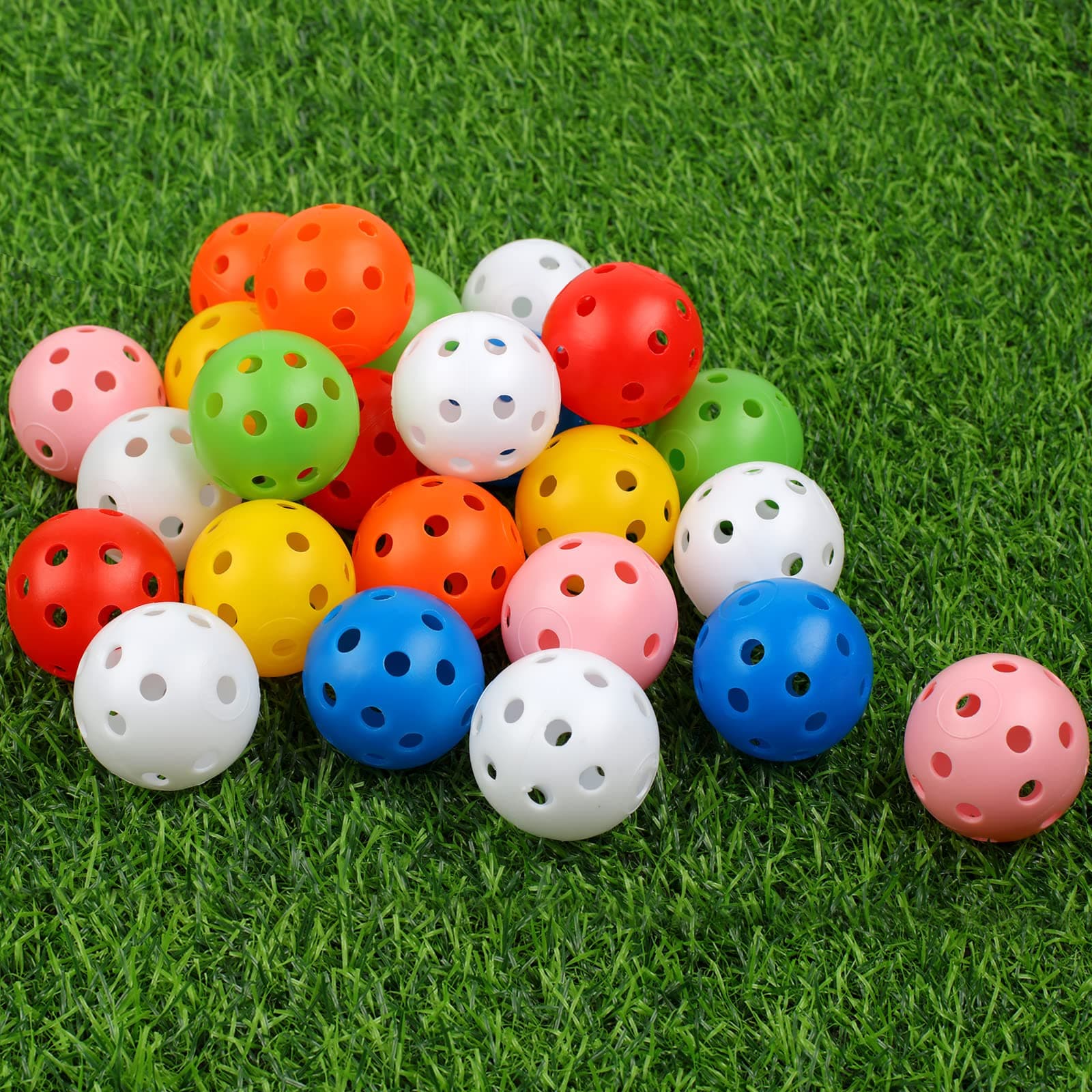 Joyberg Practice Golf Balls Set of 24 42mm 7 Colors Plastic Indoor Outdoor Spin Swing Practice Easy to See Durable Lightweight Perforated Golf Practice Equipment