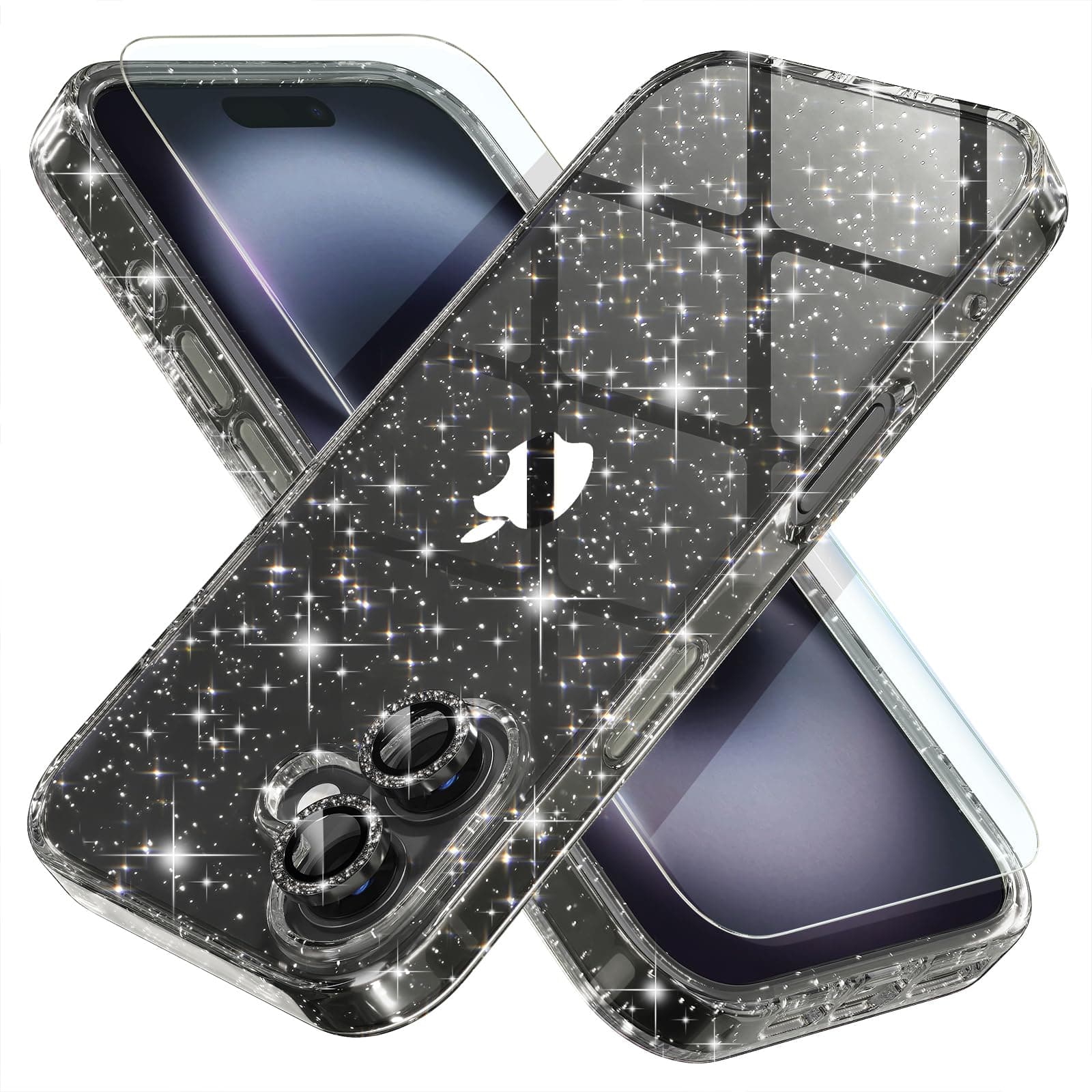 Choiche Compatible for iPhone 16 Plus Case Women Phone Case, Cute Bling Sparkly, Military Grade Drop Protection, 2 Diamond Camera Lens Covers, 2 Tempered Glass Protectors, 6.7 inch (Glitter Black)