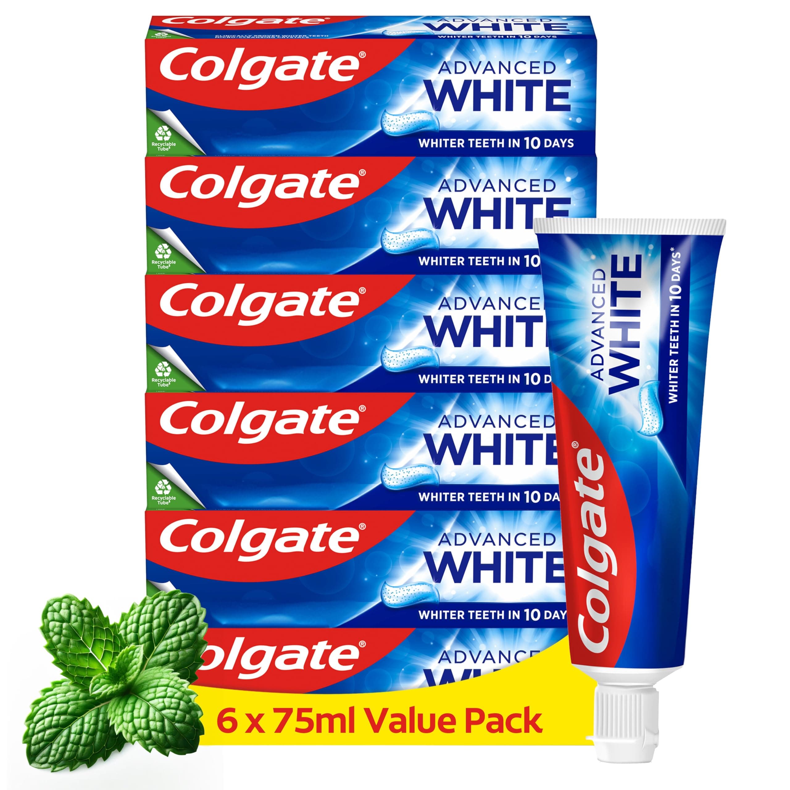 Advanced White Toothpaste, 6 x 75 ml - Whiter teeth in 10 Days - Clinically proven whitening - Teeth whitening toothpaste with micro-cleansing crystals - Mint toothpaste