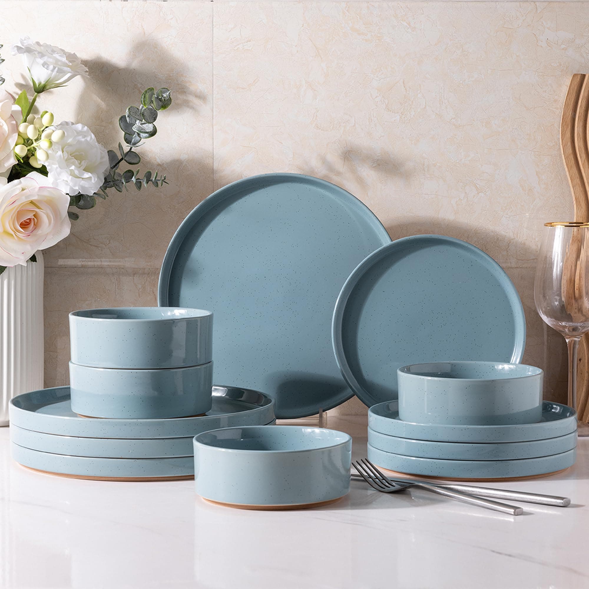 AmorArc Ceramic Dinnerware Set for 4 | Stoneware Plates and Bowls with Wooden Style Bottom | Scratch Resistant, Dishwasher & Microwave Safe Dishes Sets- 12-Pcs Blue