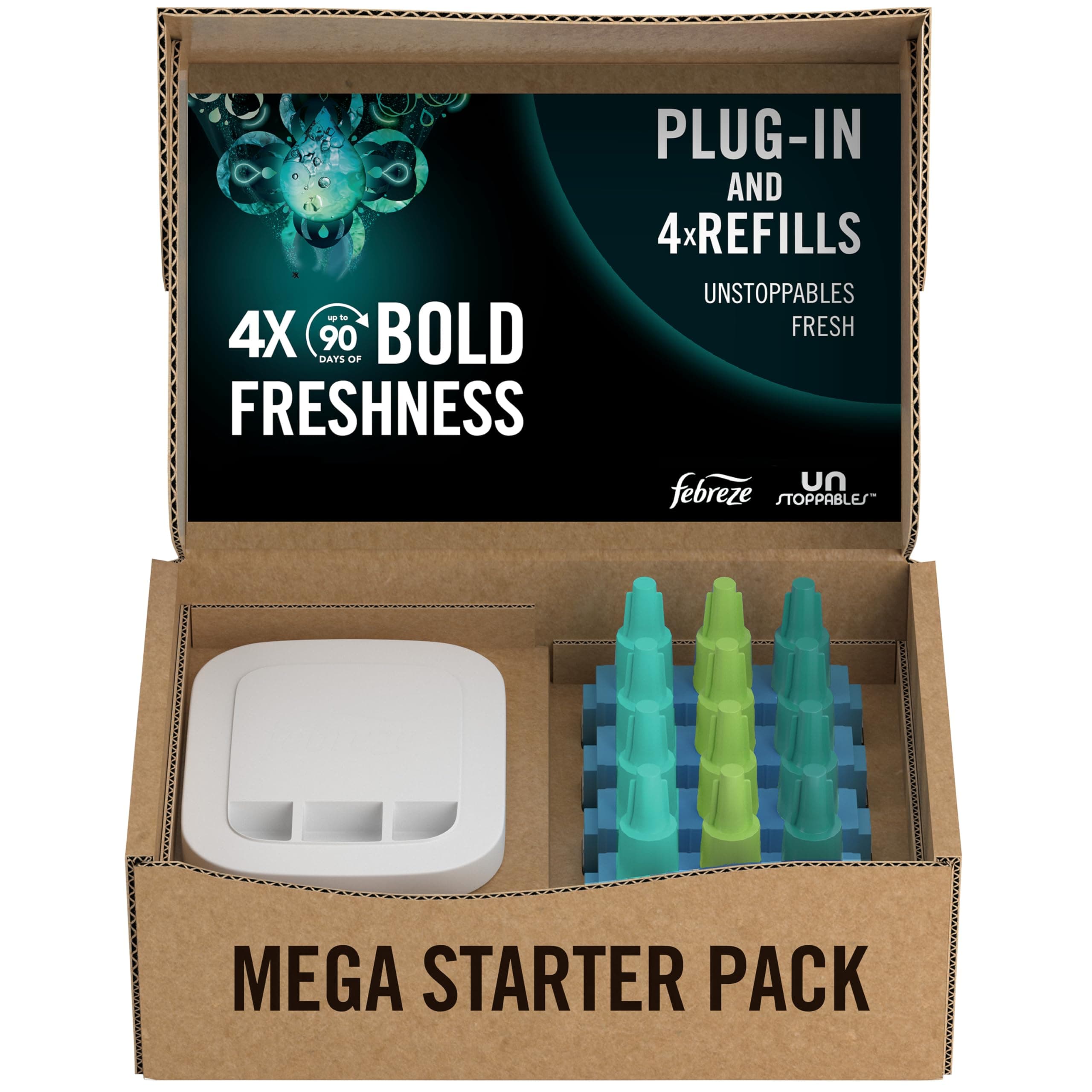 Unstoppables 3Volution Air Freshener Plug-In Diffuser Starter Kit + 4 Refills, (20mlx4), Febreze 3Volution Refill, Odour Fighter, Fresh