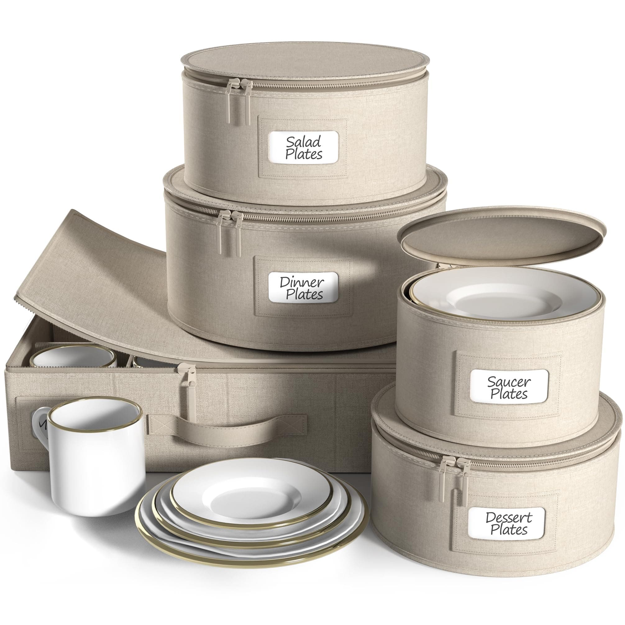 Sorbus Hard Shell Stackable Beige Dinnerware Storage Set - 5 Pc. Glass & Dish Containers for Transport, Moving, Party - Felt Plate Protector included