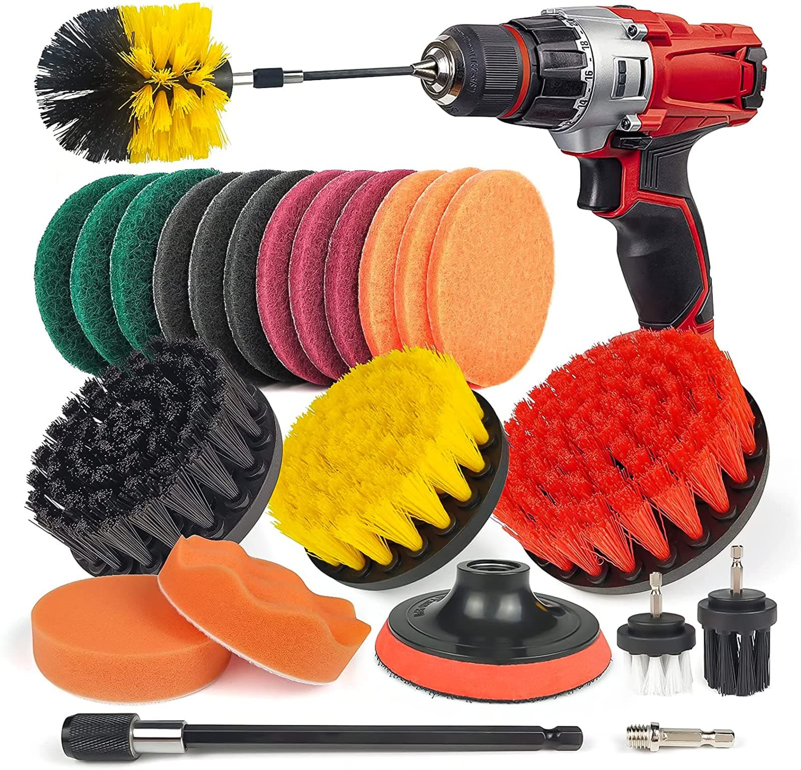 NB 23 Piece Drill Brush Attachment Kit, Scrub Pads & Sponge, Power Scrubber Brush Pad Sponge Kit with Extend Long Attachment for Car, Grout, Carpet, Floor, Tub, Shower, Corners, Tile, Kitchen