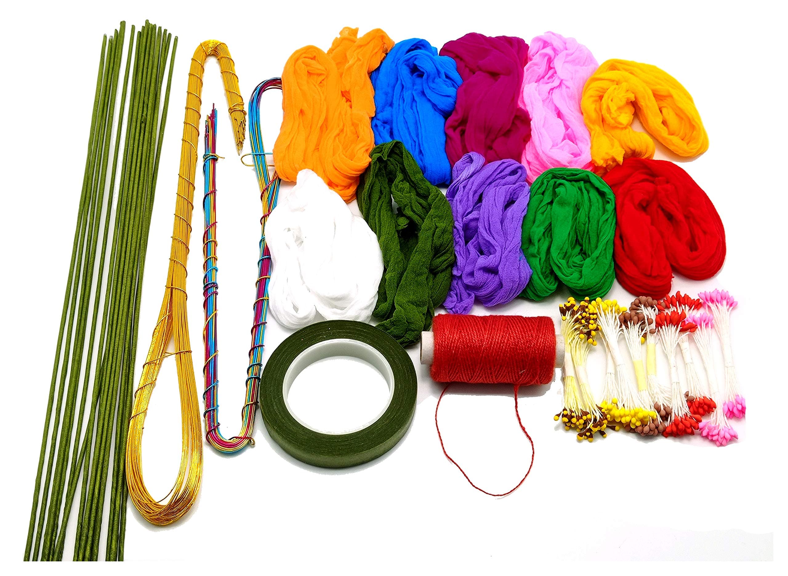 Cotton Pransunita Complete Stocking Flower Making Kit For Beginners - Includes Flower Making Imported Stockings Cloth, Golden, Multi & Green Hard Wires, Pollens, Floral Tape, & Tying Thread