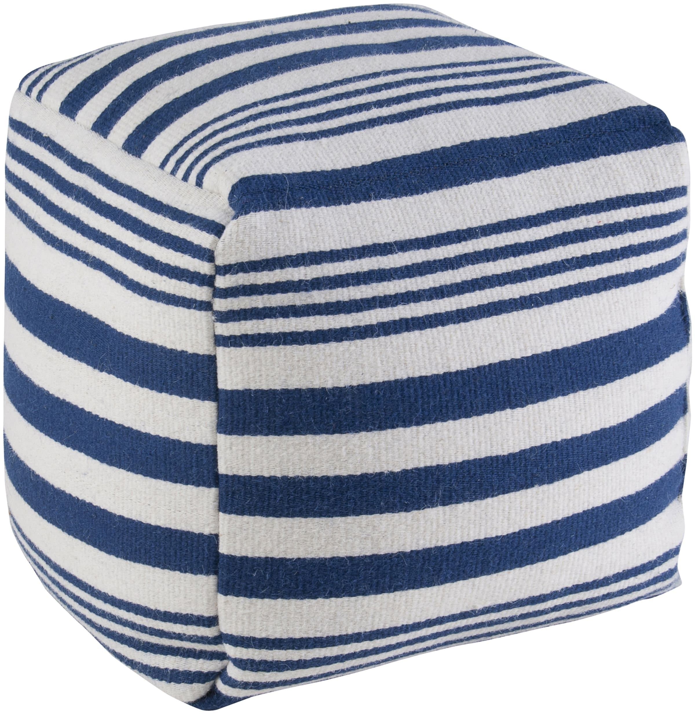 Rizzy Home Striped Wool Pouf, Navy/White